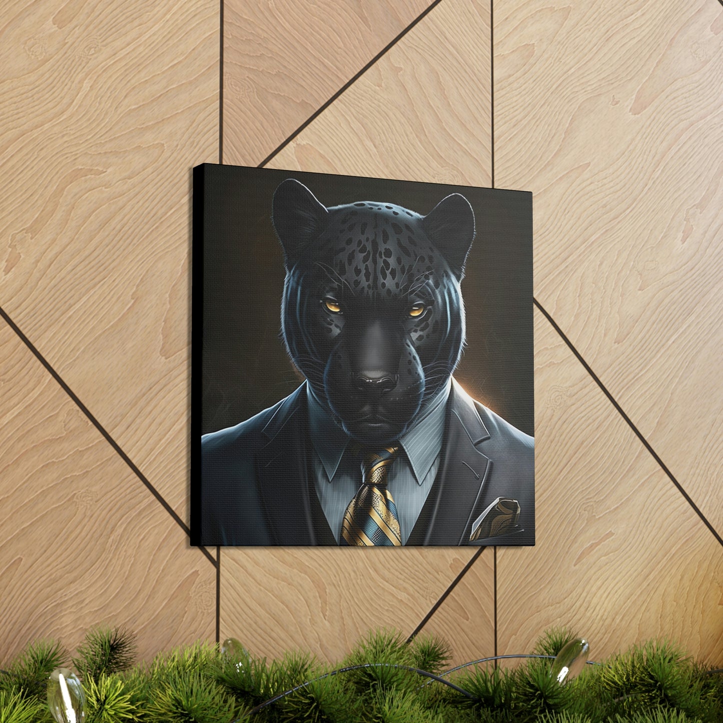 Black Panther in Boss Suit Canvas Portrait, Living Room Animal Portrait Wall Art, Black Panther Animal Painting, Panther Lover gift