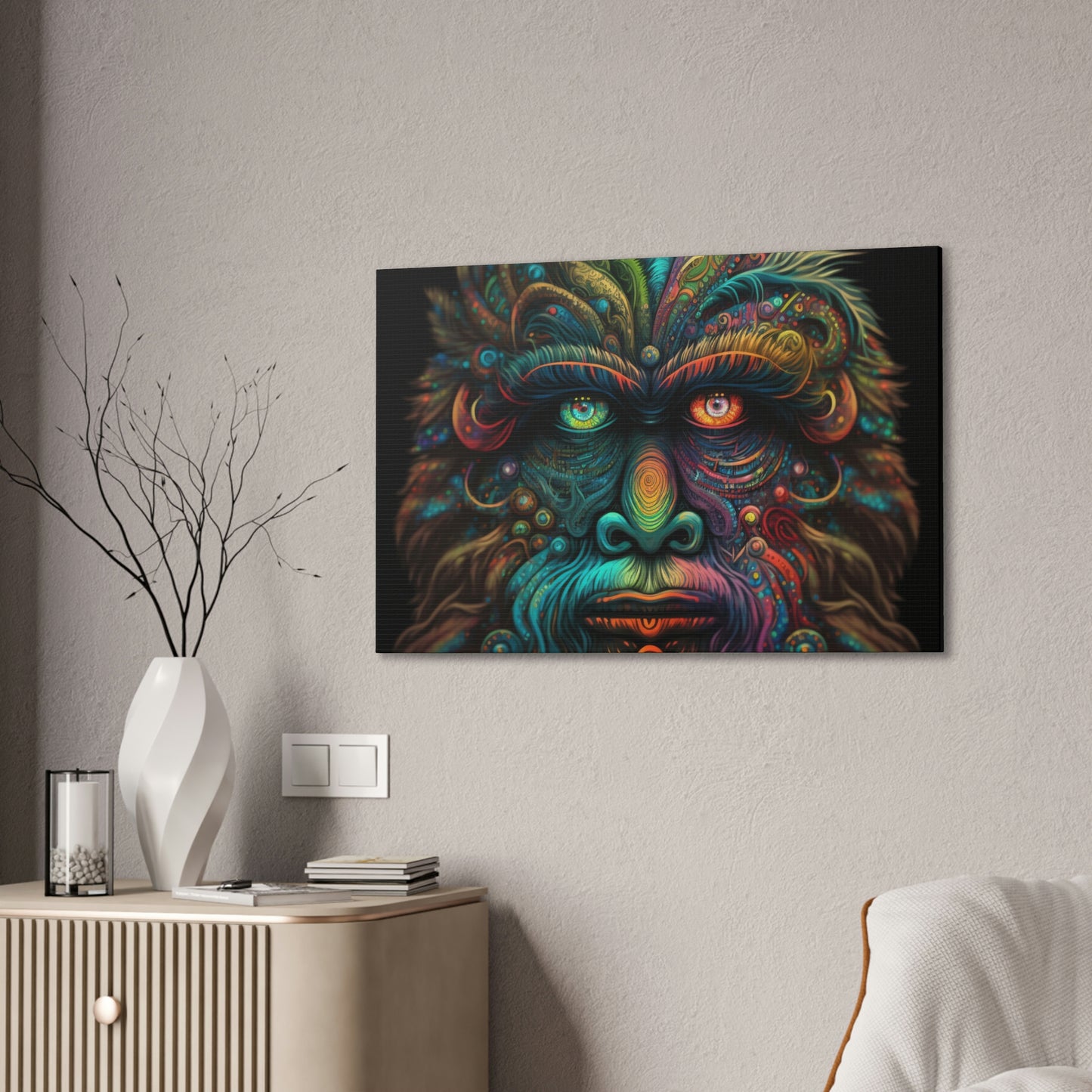 Psychedelic Heterochromia Sasquatch Wall Art, Colorful Monster Art Boho Wall Decor, Animal Wall Decor, Trippy Canvas Wall Art