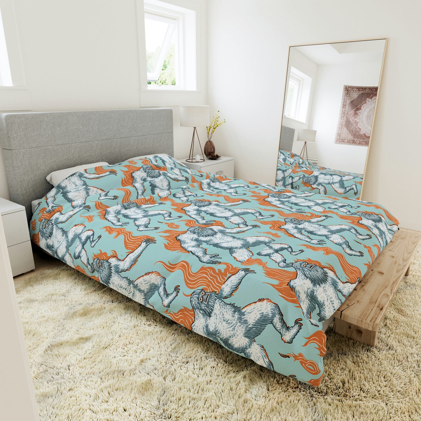 Sasquatch on Fire Blue Duvet Cover, King Duvet Cover, Queen Duvet Cover, Twin Unique Duvet Cover, Gift for Animal Lovers