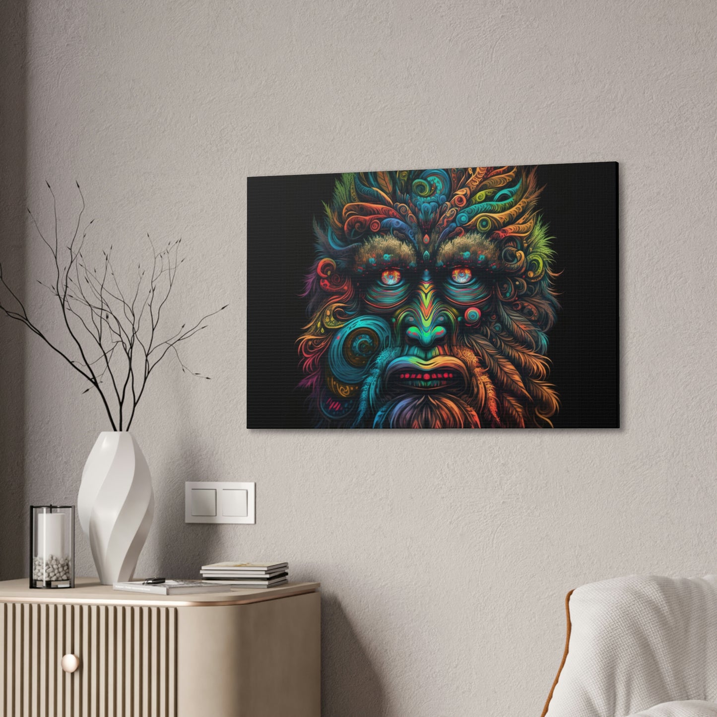 Psychedelic Sasquatch Wall Art, Wildlife Canvas Wall Art, Colorful Monster Art Animal Wall Decor, Above Bed Wall Decor