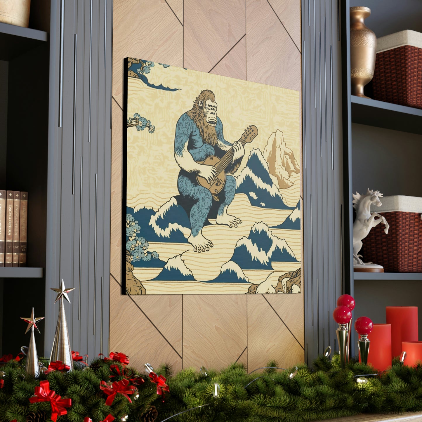 Sasquatch Playing Guitar Wall Art, Wildlife Mountain Canvas Wall Art, Bigfoot Sasquatch Decal, Retro Art Print, Above Bed Wall Decor