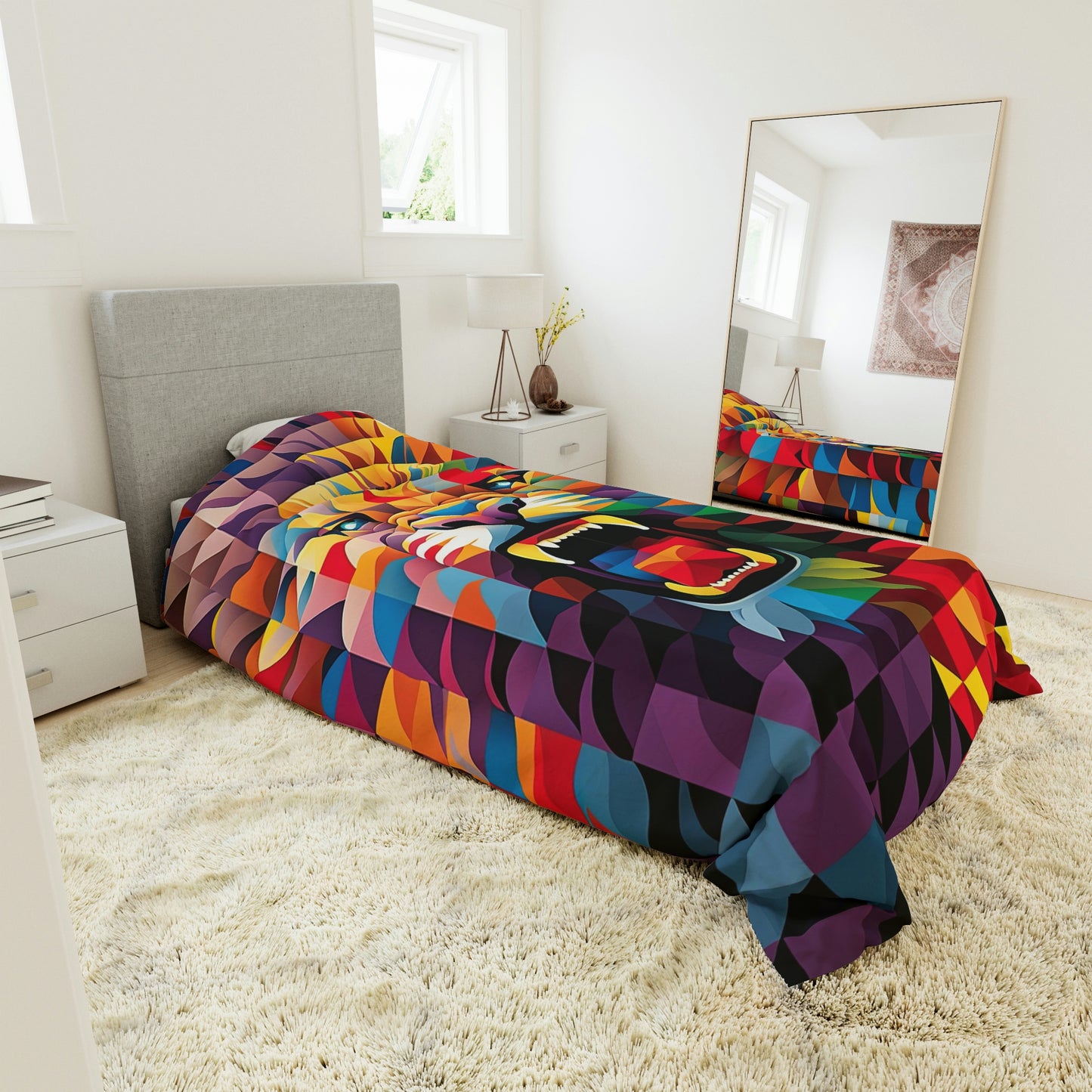 Roaring Lion Colorful Duvet Cover, Lion King Duvet Cover, Animal Print Designer Duvet, Modern Twin Duvet Cover