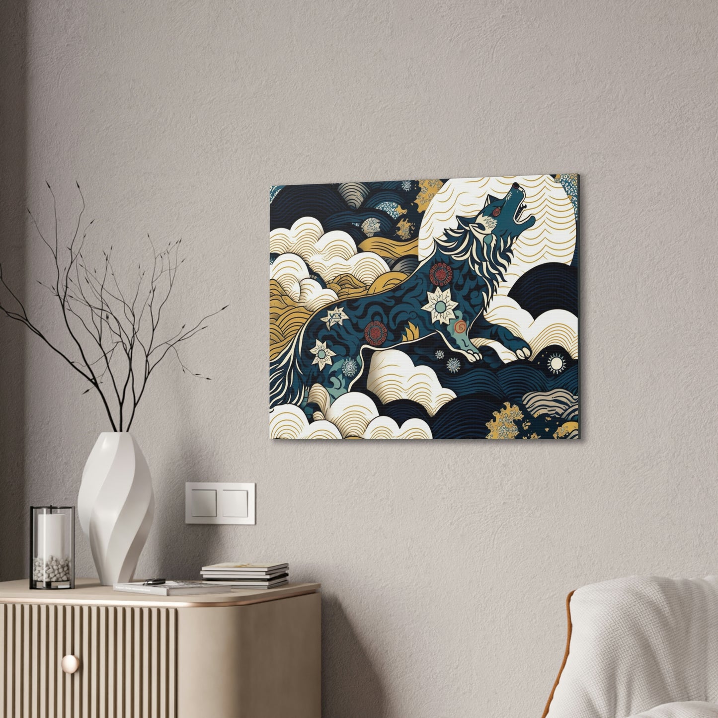 Howling Wolf Moon Wall Art, Wildlife Art Animal Wall Decor, Floral Decor Wolf Wall Art, Nature Canvas Wall Art, Housewarming Gift