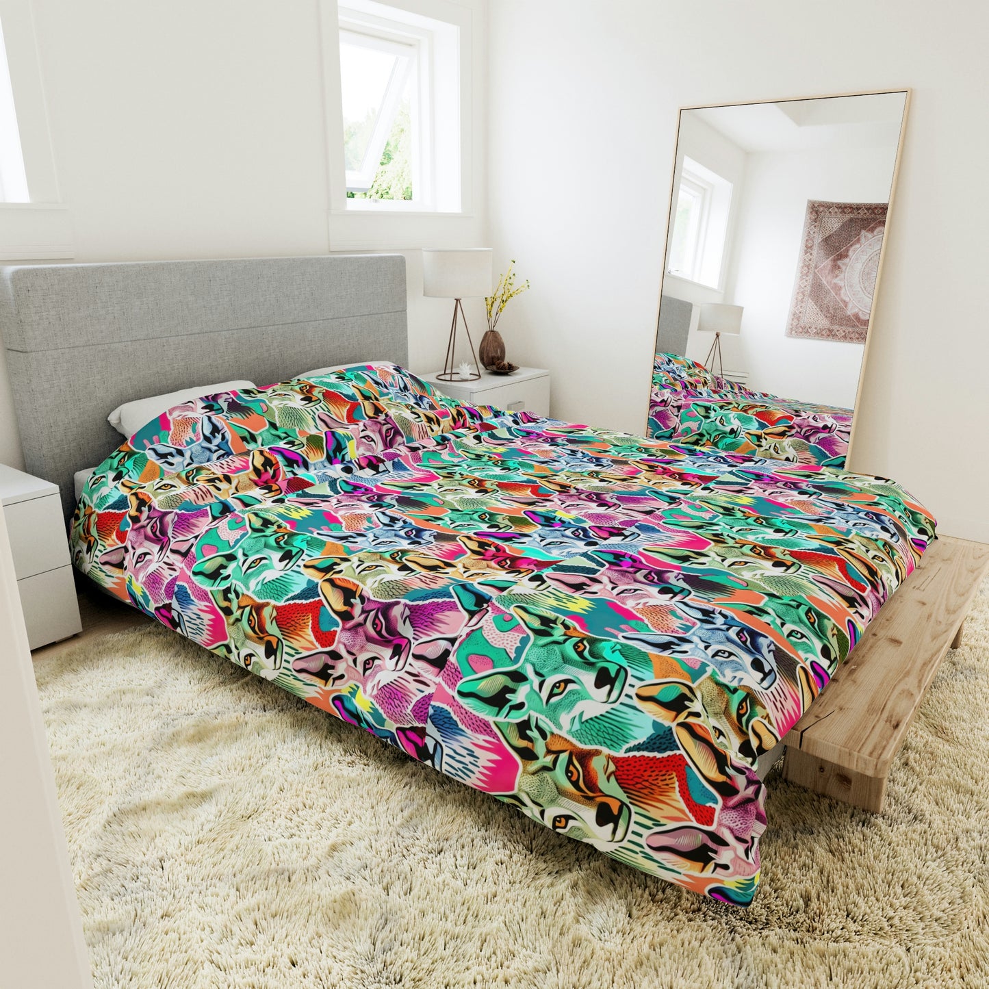 Coyote Colorful Duvet Cover, Wolf Printed Duvet Cover, Animal King Size Duvet, Designer Duvet Cover, Animal Lover Gift