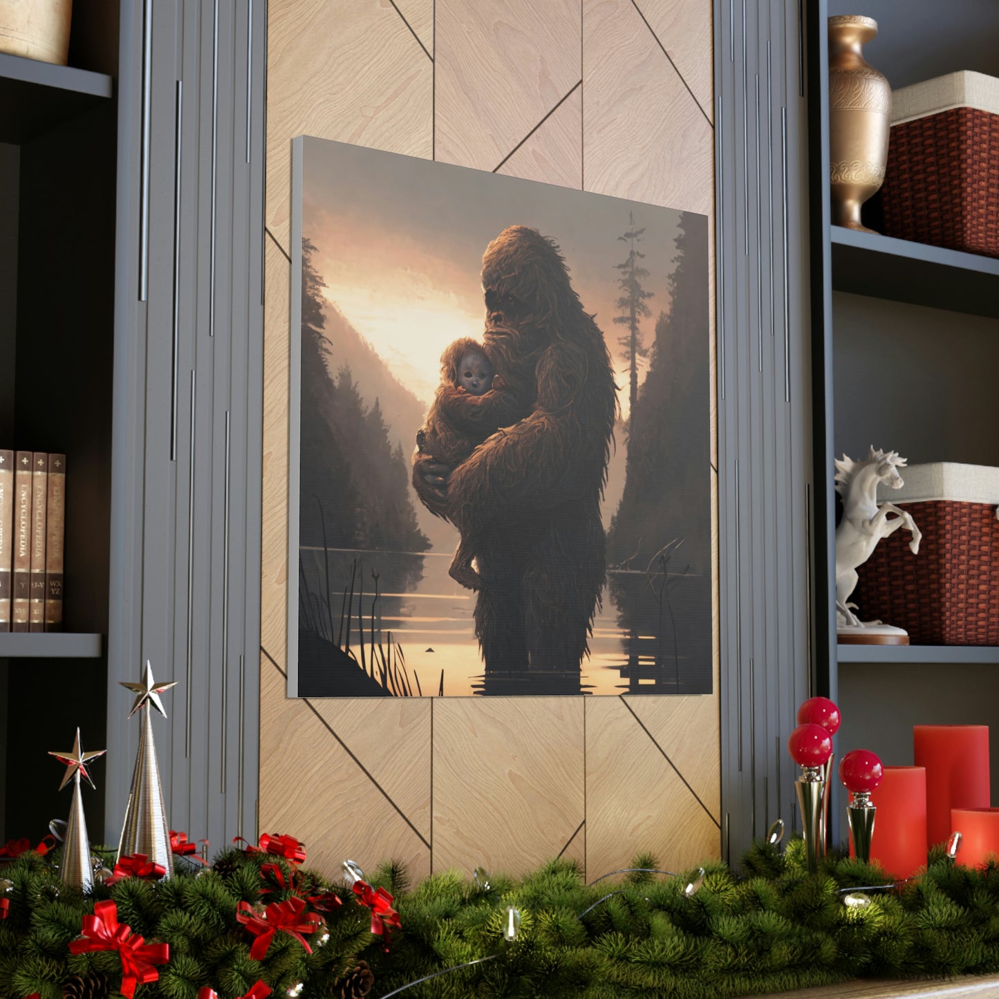 Sasquatch Mother and Child Wildlife Art, Sasquatch Bigfoot Canvas Wall Art, Sunset Animal Wall Art, Bigfoot Gift for Animal Lover