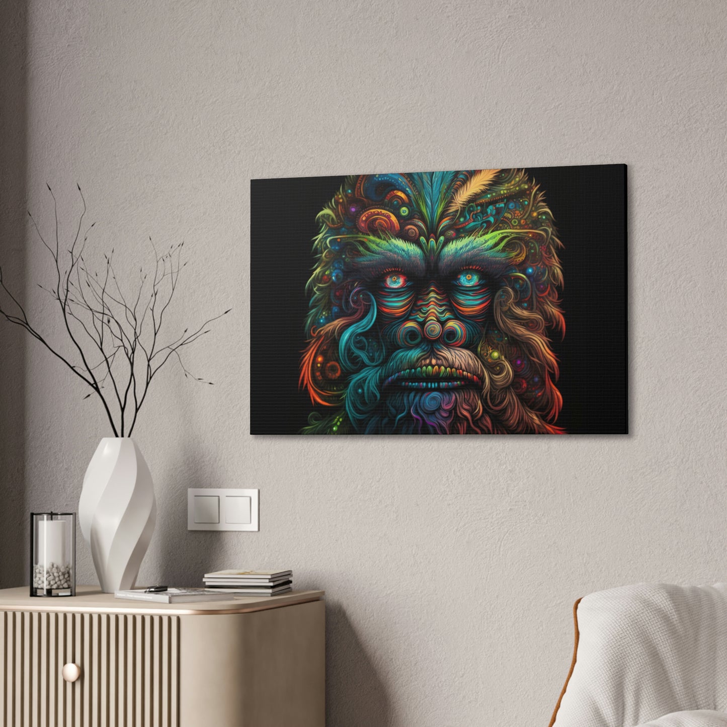 Psychedelic Ocean Eyes Sasquatch Wall Art, Colorful Monster Art Animal Wall Decor, Wildlife Canvas Wall Art, Sasquatch Decor