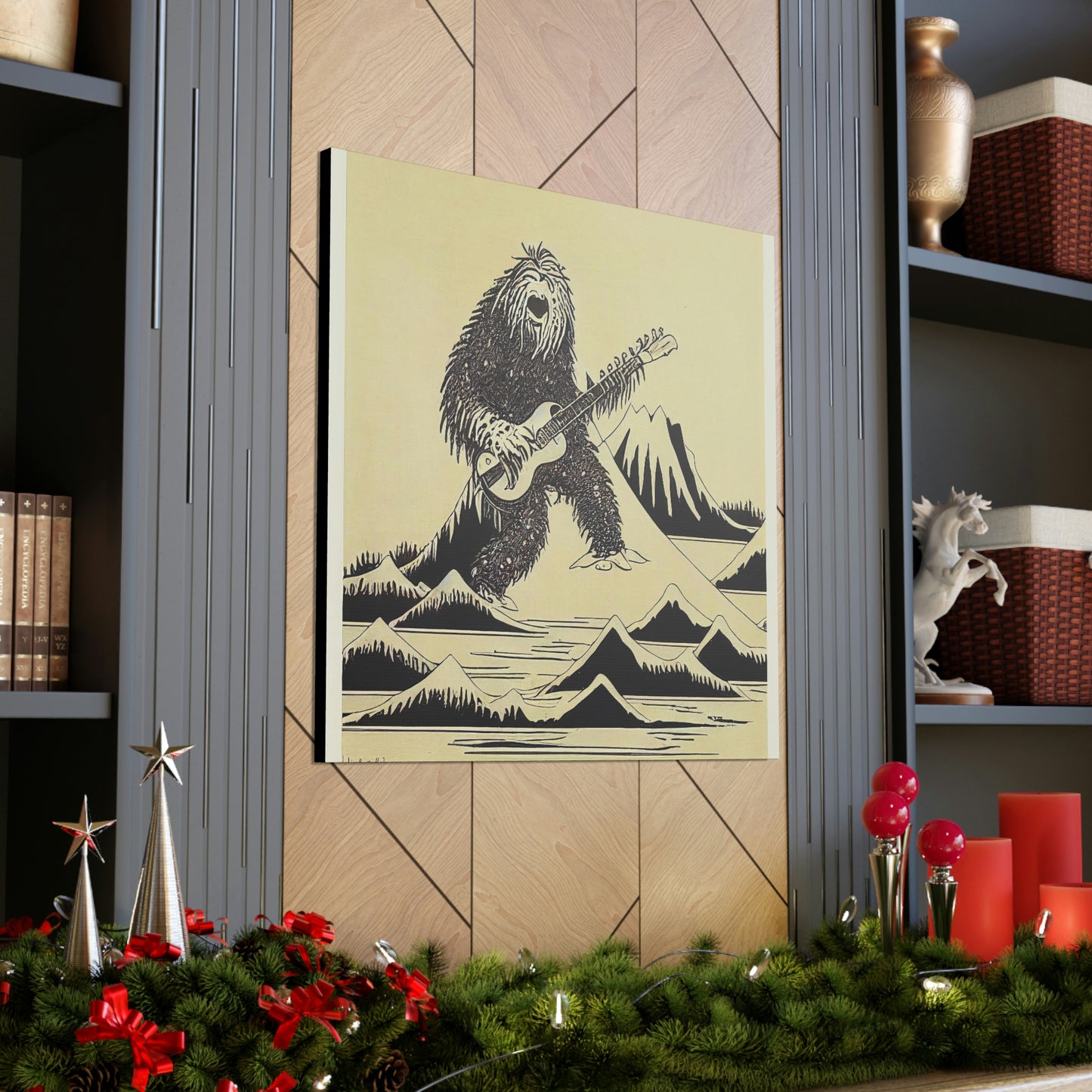 Sasquatch Playing Guitar Wall Art, Animal Canvas Art Print, Bigfoot Sasquatch Decal, Retro Art Print, Funny Animal Art