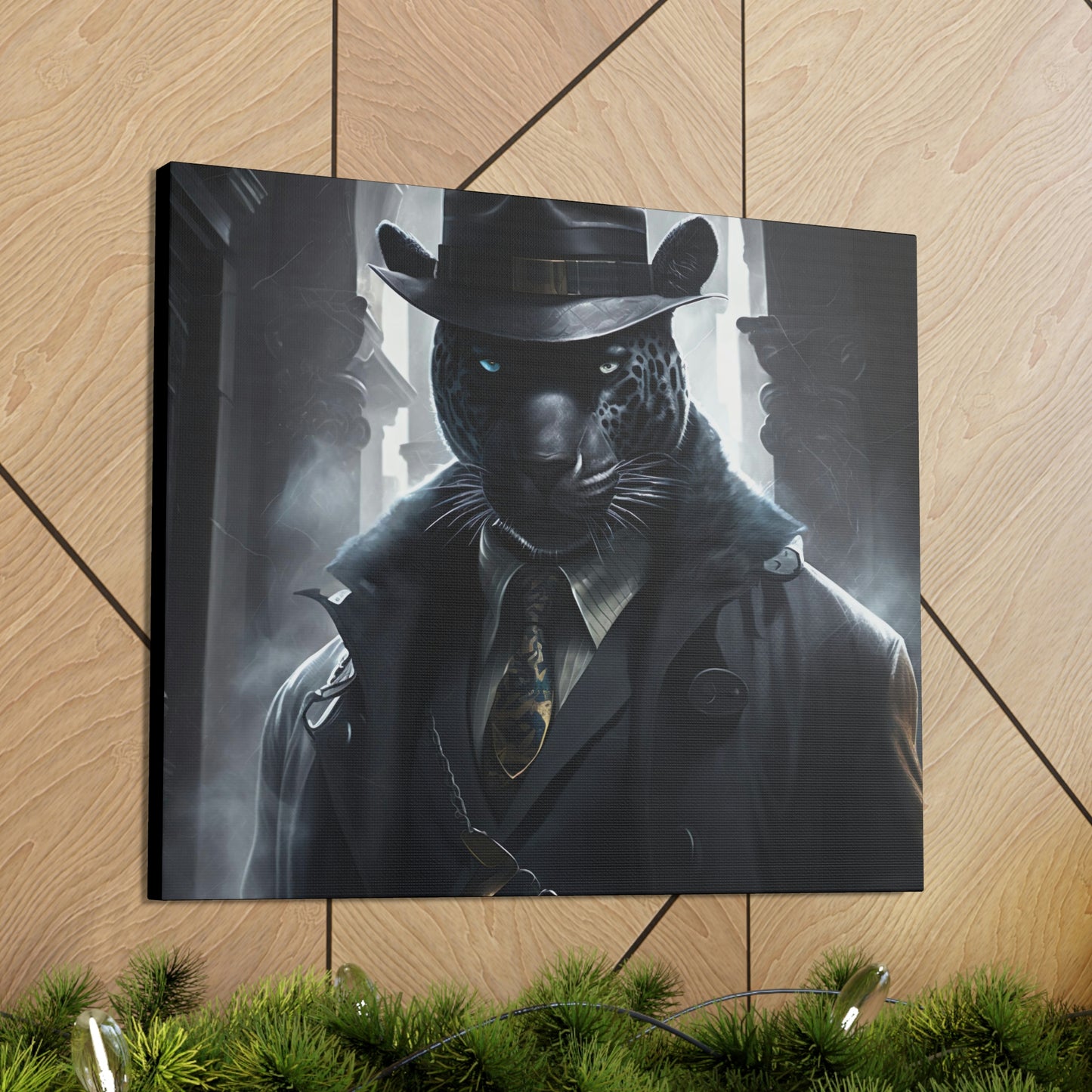 Black Panther Animal Portrait Canvas Wall Art, Black Gangster Panther Animal Head Human Body Modern Unusual Home Decor