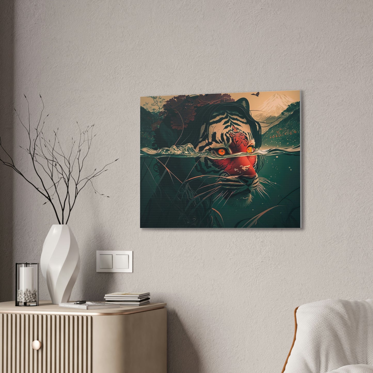 Geisha Tiger Wall Art, Japanese Wall Art, Red Eyed Tiger Canvas Art, Geisha Tiger in Water, Wild Animal Wall Decor