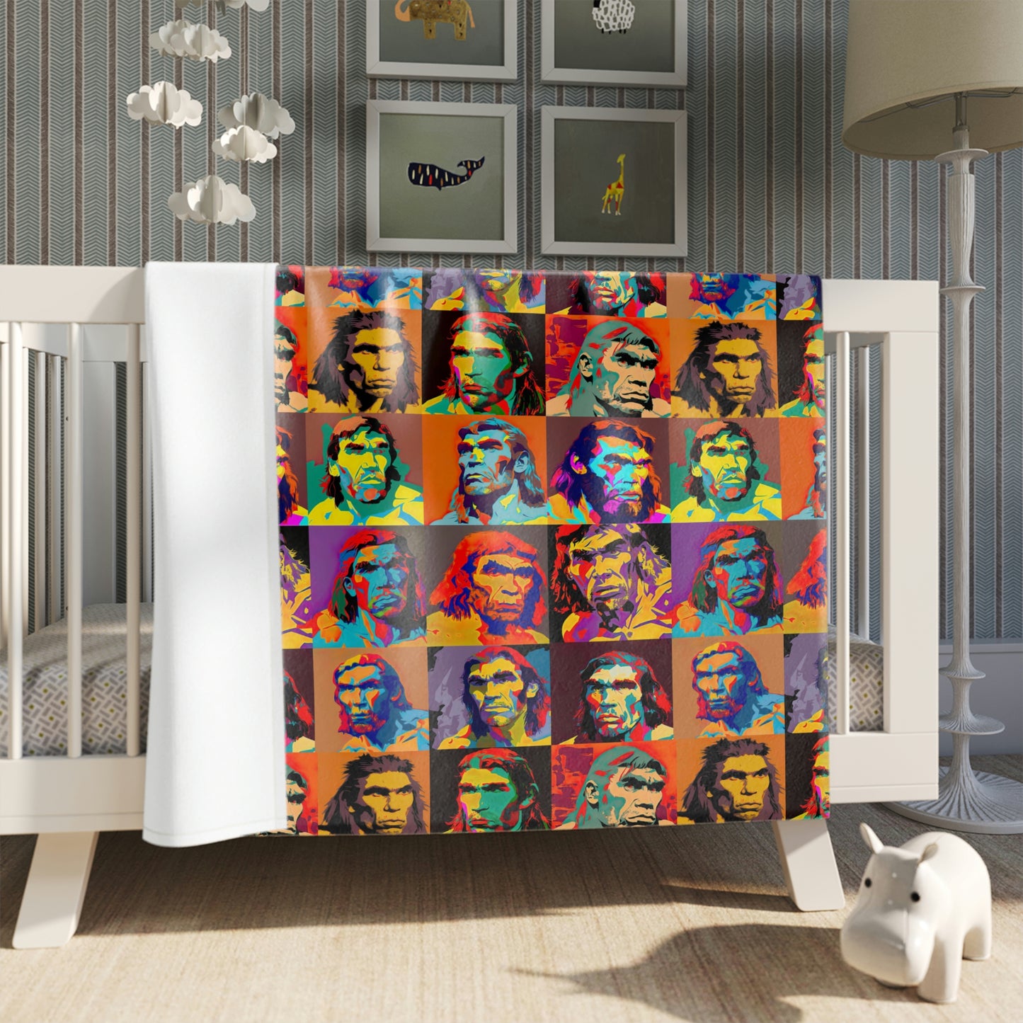 Retro Throw Blanket with Neanderthal Portraits Pop Art, Neanderthal Art Plush Blanket, Unique Retro Room Decor, Portrait Blanket