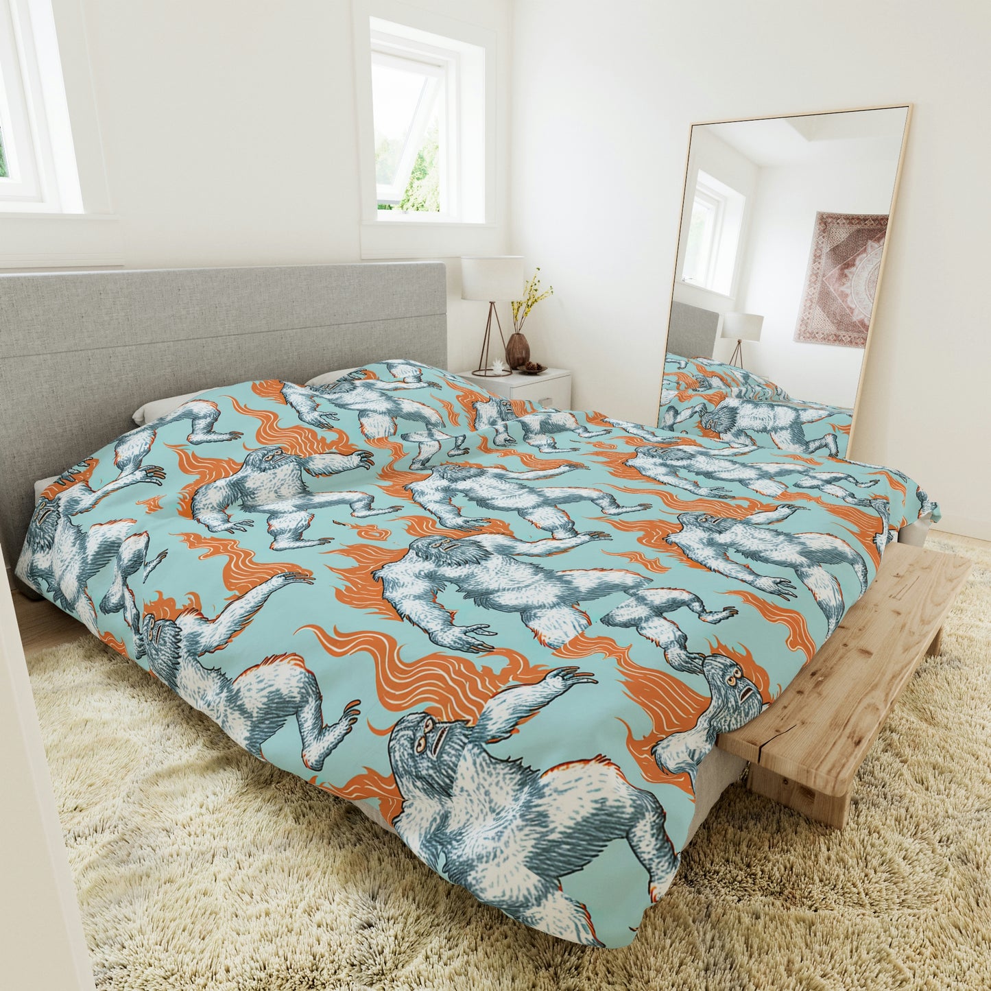 Sasquatch on Fire Blue Duvet Cover, King Duvet Cover, Queen Duvet Cover, Twin Unique Duvet Cover, Gift for Animal Lovers