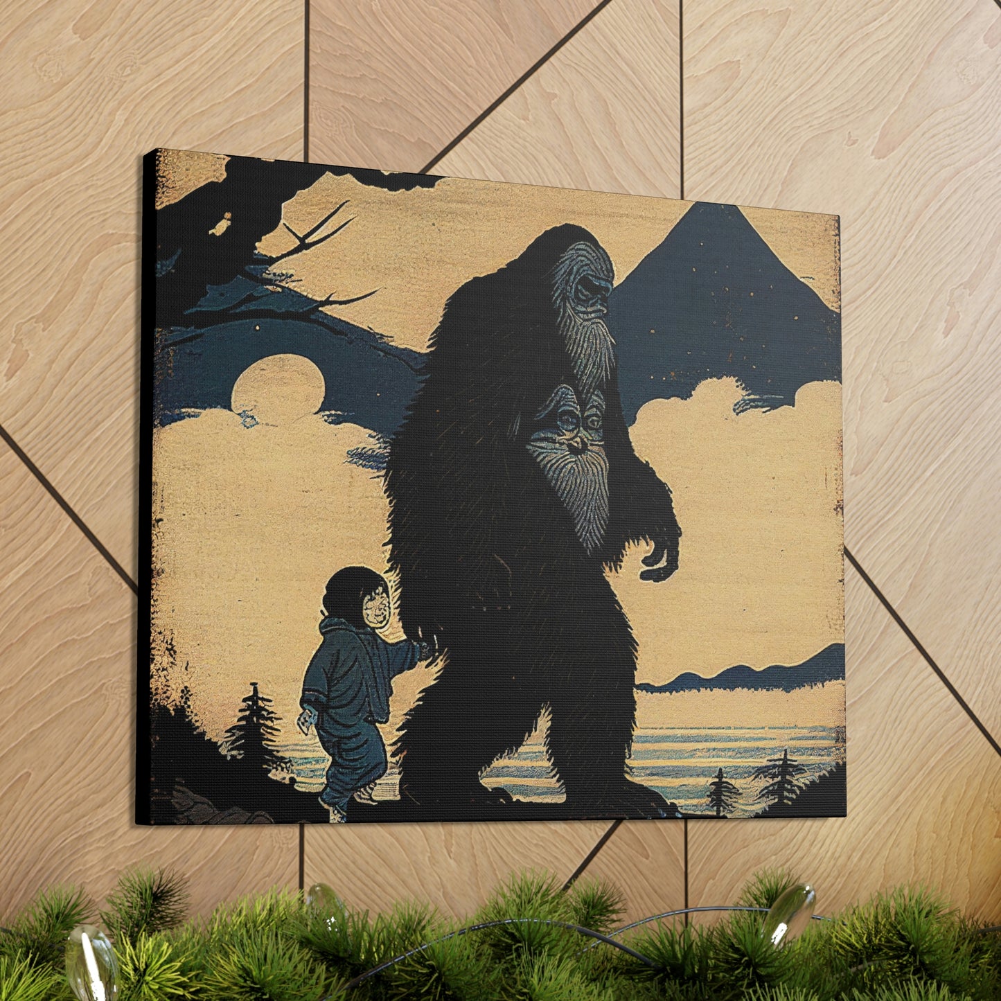 Sasquatch with Human Child Canvas Print, Bigfoot Sasquatch Canvas Wall Art, Wildlife Wall Decoration, Painting on Canvas