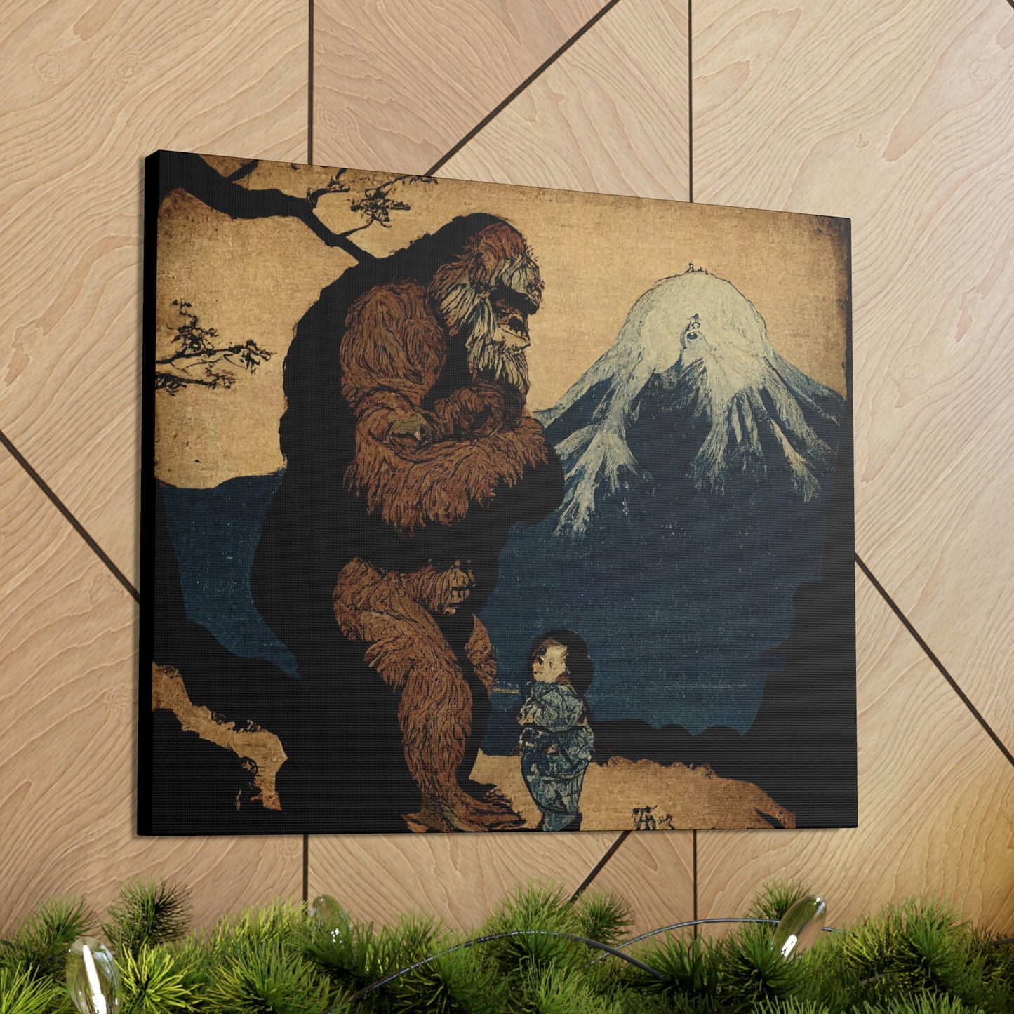Sasquatch Meeting Child Canvas Art Print, Animal Art Print, Sasquatch Bigfoot Decal, Retro Wall Art, Inspirational Art