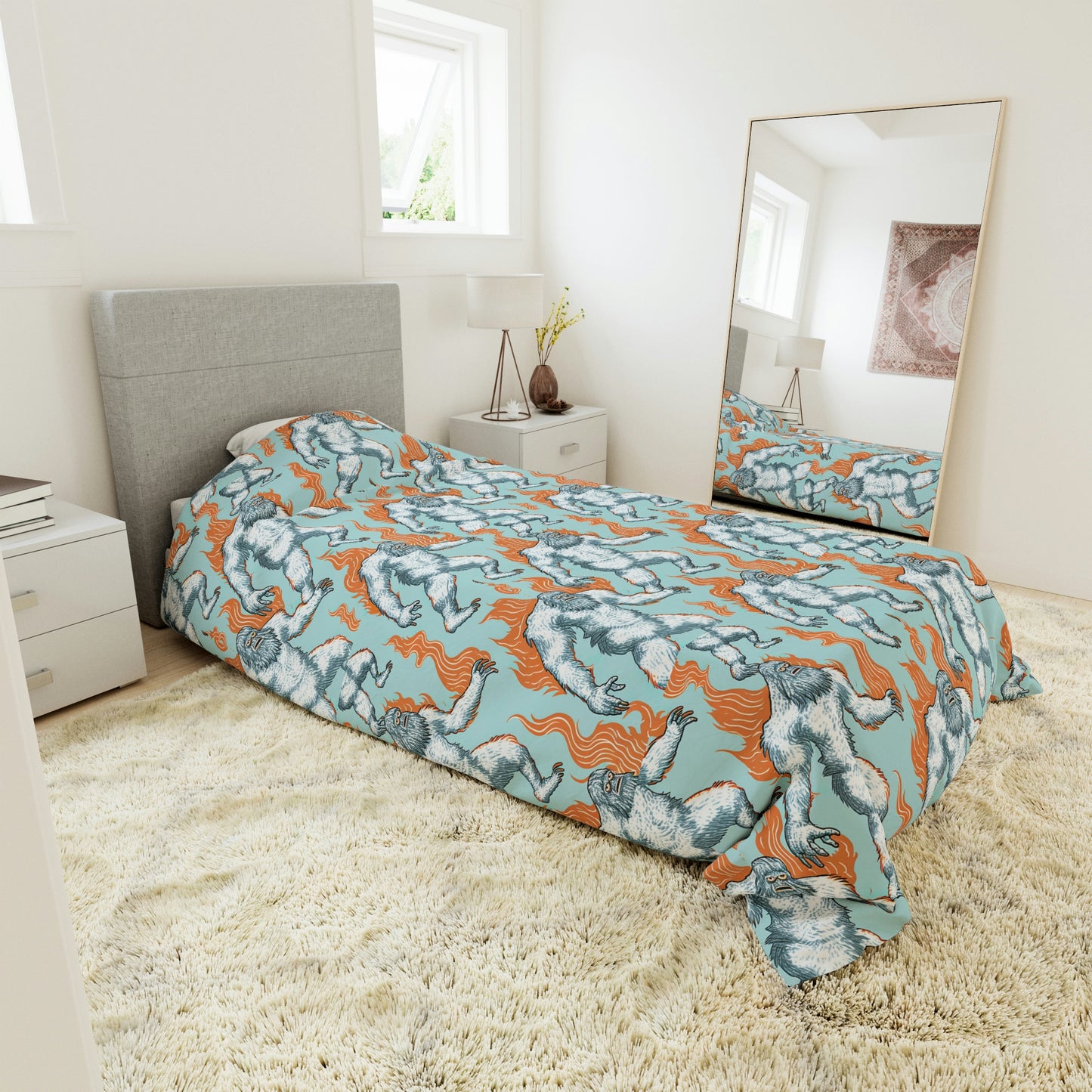 Sasquatch on Fire Blue Duvet Cover, King Duvet Cover, Queen Duvet Cover, Twin Unique Duvet Cover, Gift for Animal Lovers