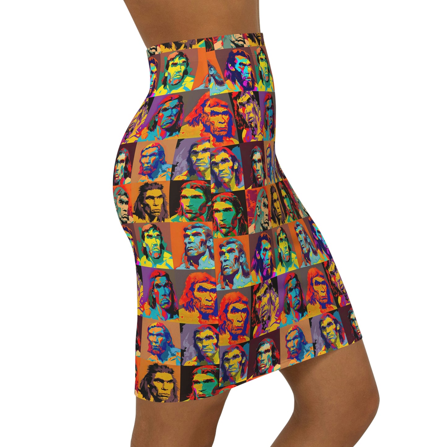 Neanderthal Portraits Pop Art Women's Mini Skirt, Face Print Mini Skirt, Designer Mini Skirt, Fashion Summer Skirt