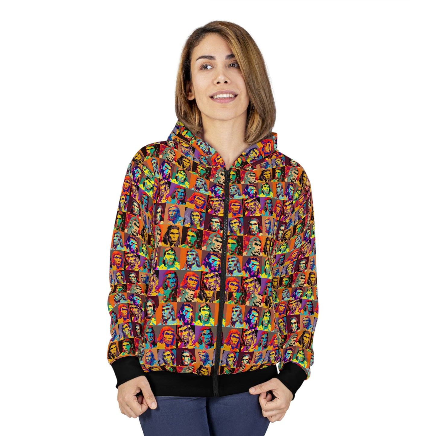 Neanderthal Portraits Pop Art Unisex Zip Hoodie, Retro Art Printed Hoodie, Aesthetic Pop Art Hoodie, Winter Fashion Zip Hoodie