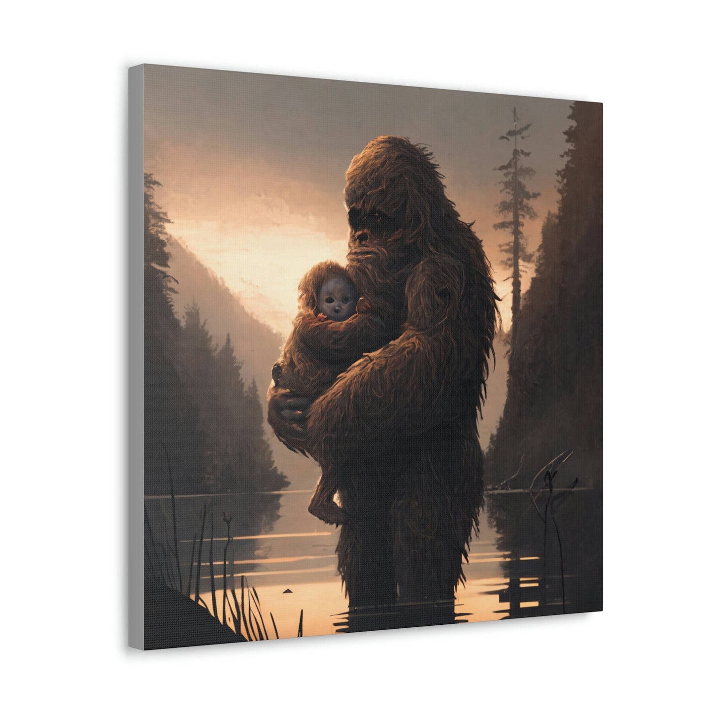 Sasquatch Mother and Child Wildlife Art, Sasquatch Bigfoot Canvas Wall Art, Sunset Animal Wall Art, Bigfoot Gift for Animal Lover