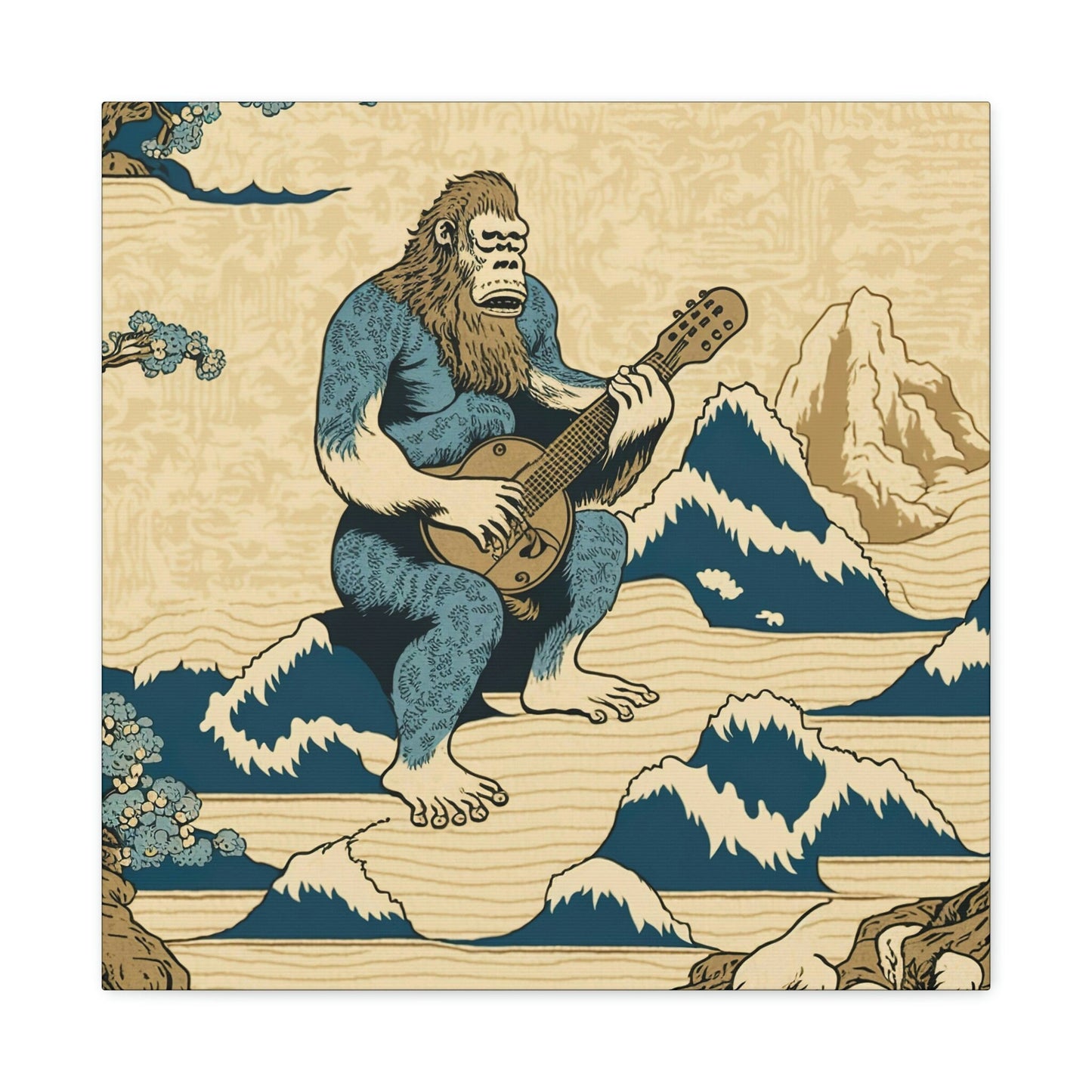 Sasquatch Playing Guitar Wall Art, Wildlife Mountain Canvas Wall Art, Bigfoot Sasquatch Decal, Retro Art Print, Above Bed Wall Decor