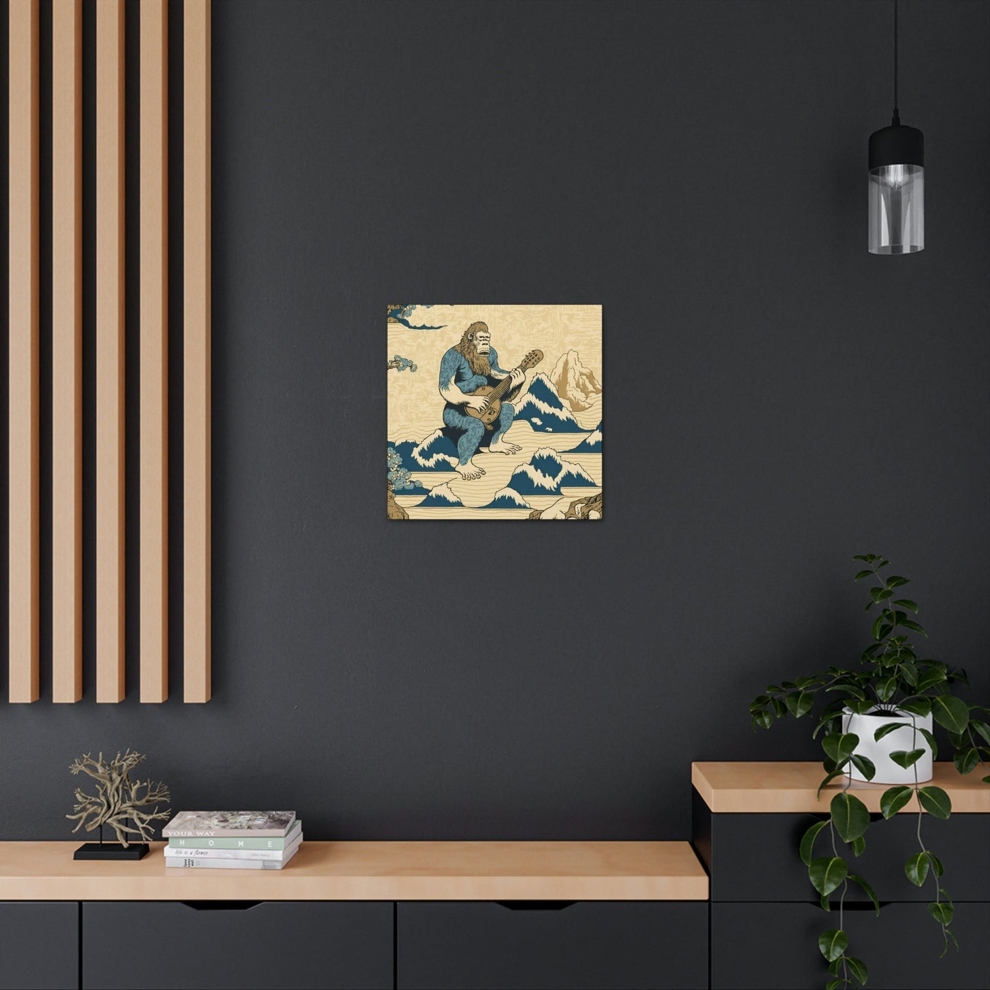 Sasquatch Playing Guitar Wall Art, Wildlife Mountain Canvas Wall Art, Bigfoot Sasquatch Decal, Retro Art Print, Above Bed Wall Decor