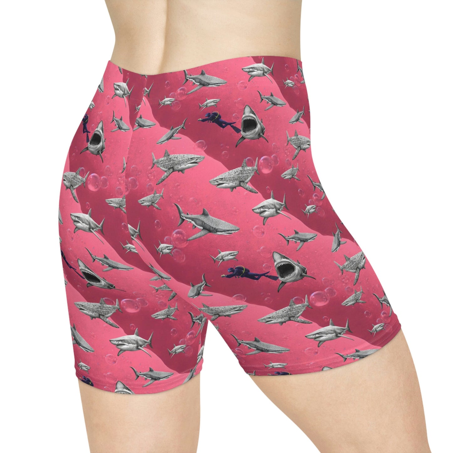 Pink Sea Shark Women Biker Shorts, Scuba Diving Graphic Shorts, Shark Clothing Gym Shorts, Sexy Booty Shorts, Pink Workout Shorts