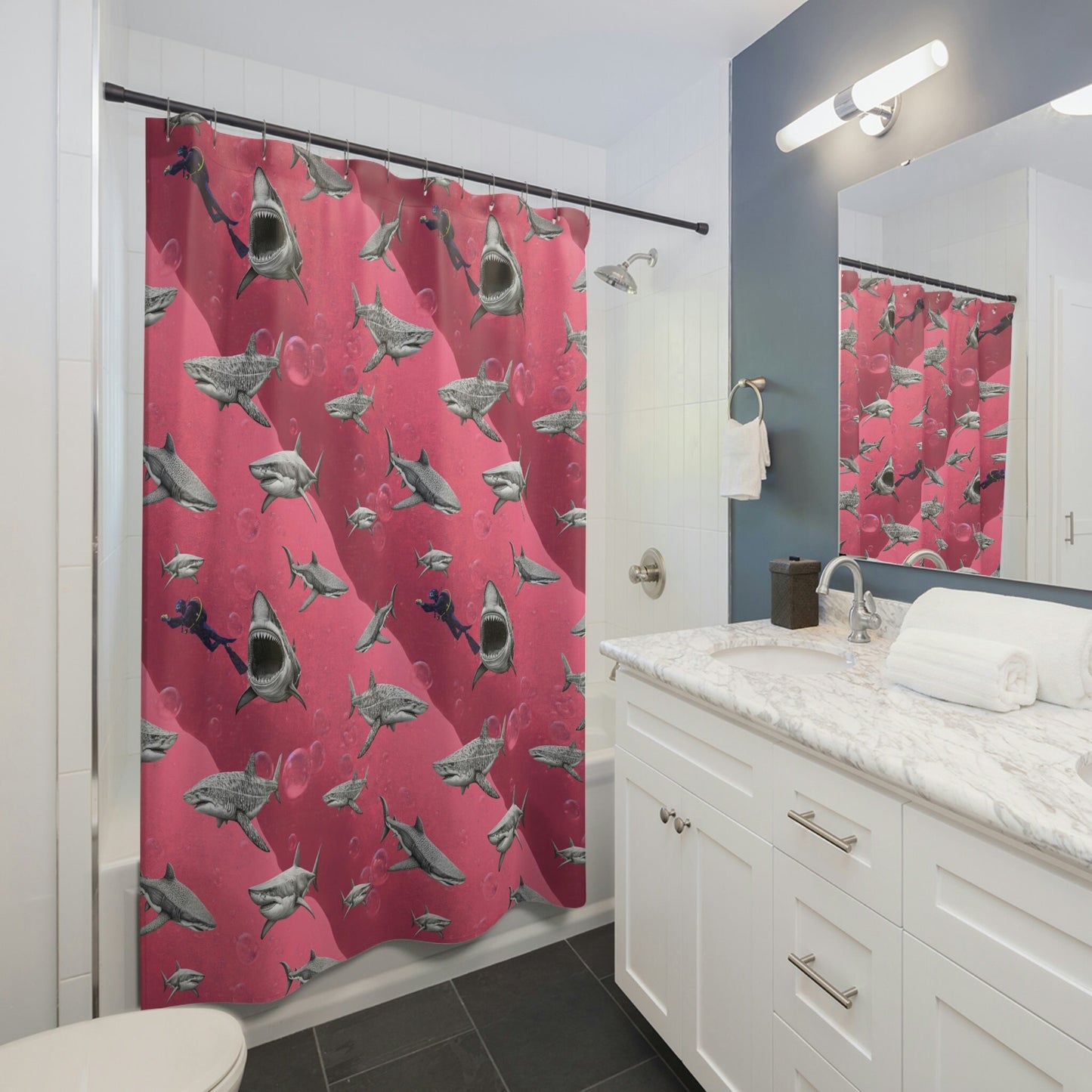 Shark Shower Curtain, Pink Sea Bathtub Curtain, Scuba Shower Curtain, Shower Curtain, Polyester Fabric Curtain
