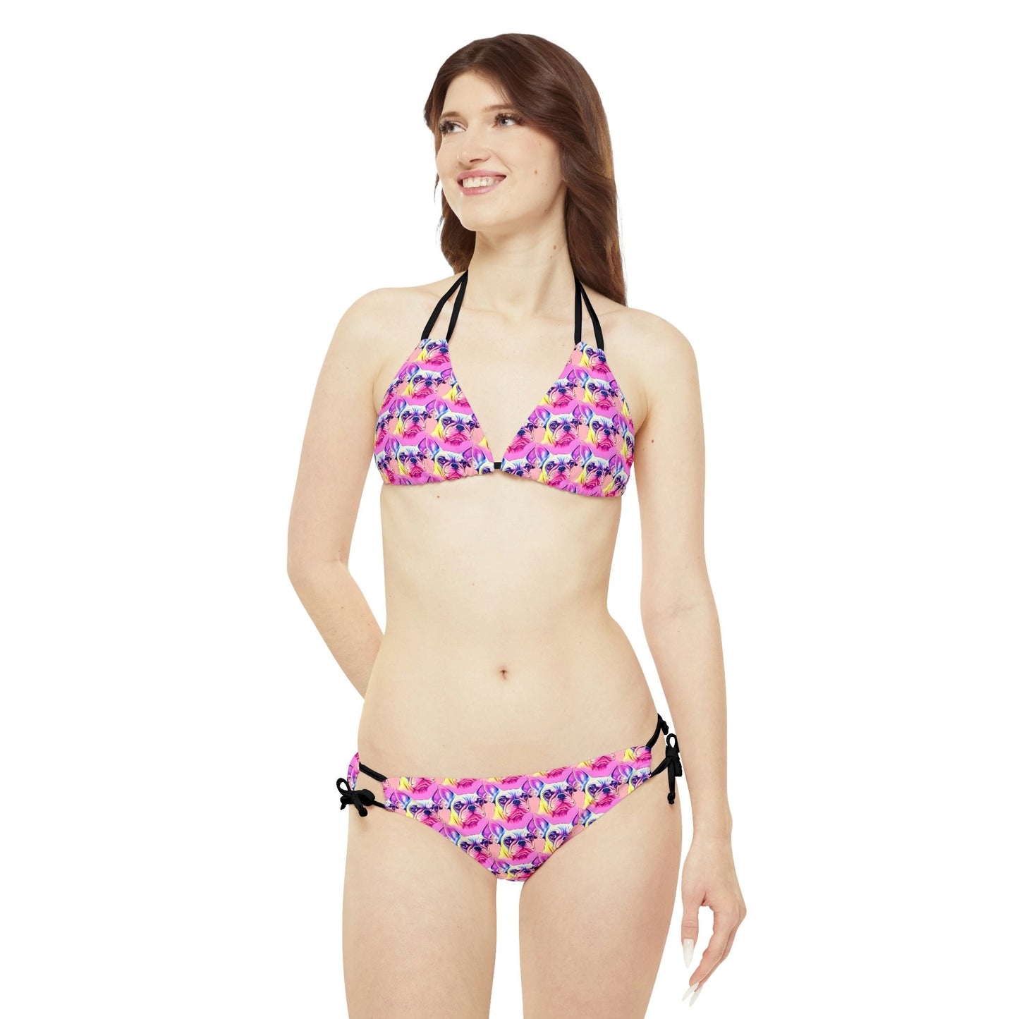 Dog Print Triangle Bikini Set, French Bulldog Strappy Bikini Set, Girls String Bikini, Animal Print Bikini, Summer Clothing