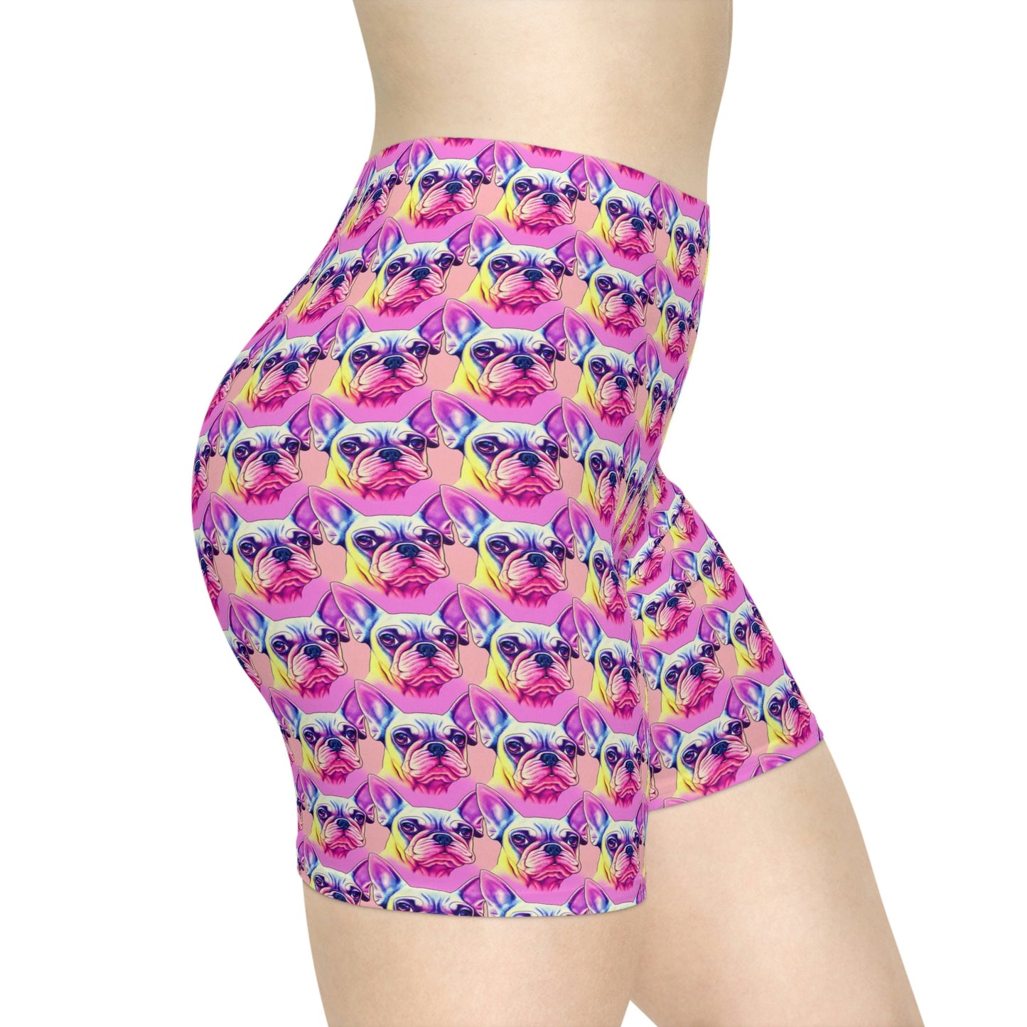 Pink French Bulldog Women Biker Shorts, Frenchie Clothing Workout Shorts, Animal Clothing Gym Shorts, Sexy Booty Shorts