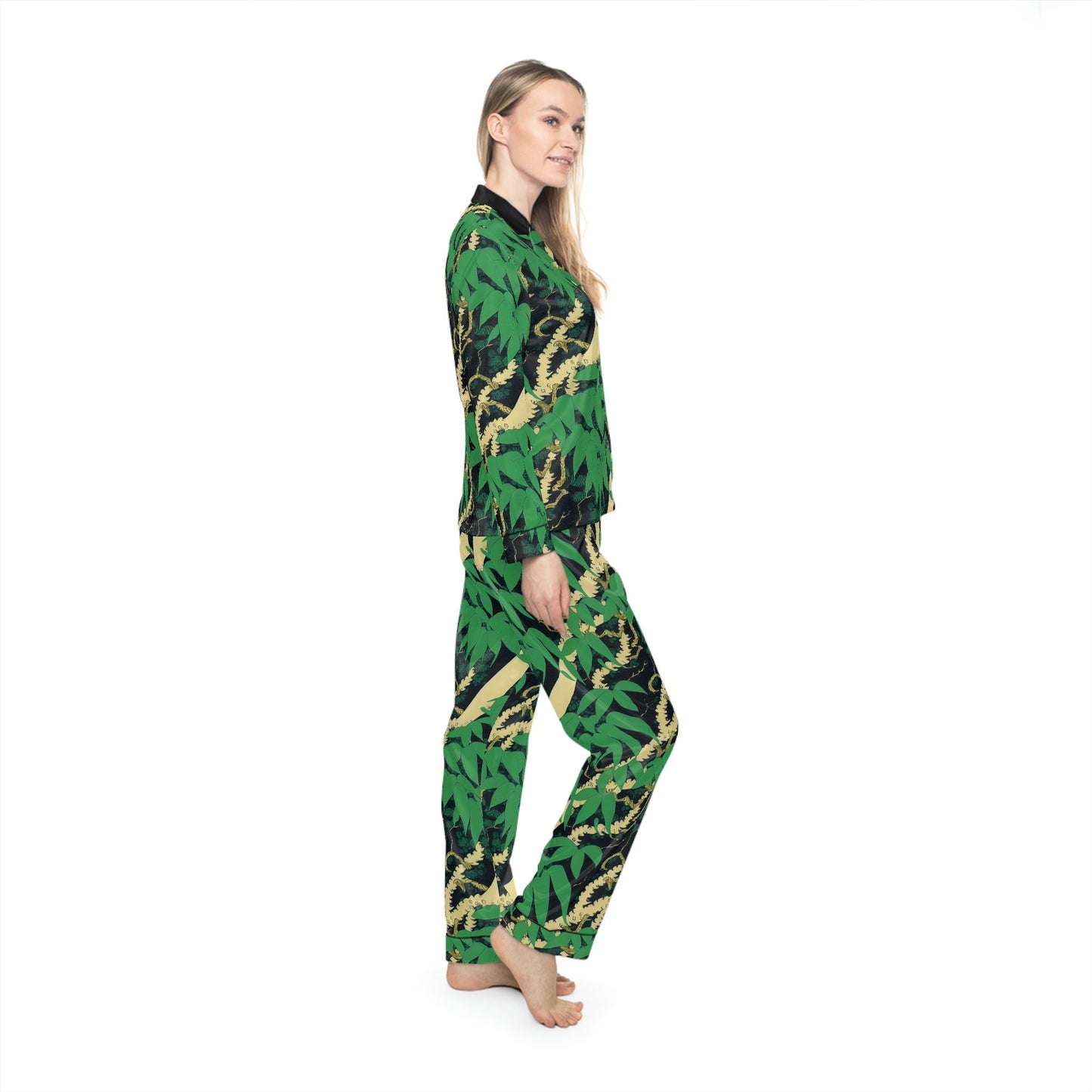 Black Wolf Jungle Pajama Set Women, Wolf Clothing Satin Pajamas, Botanical Clothing Pjs for Women, Cozy Pajamas Night Wear