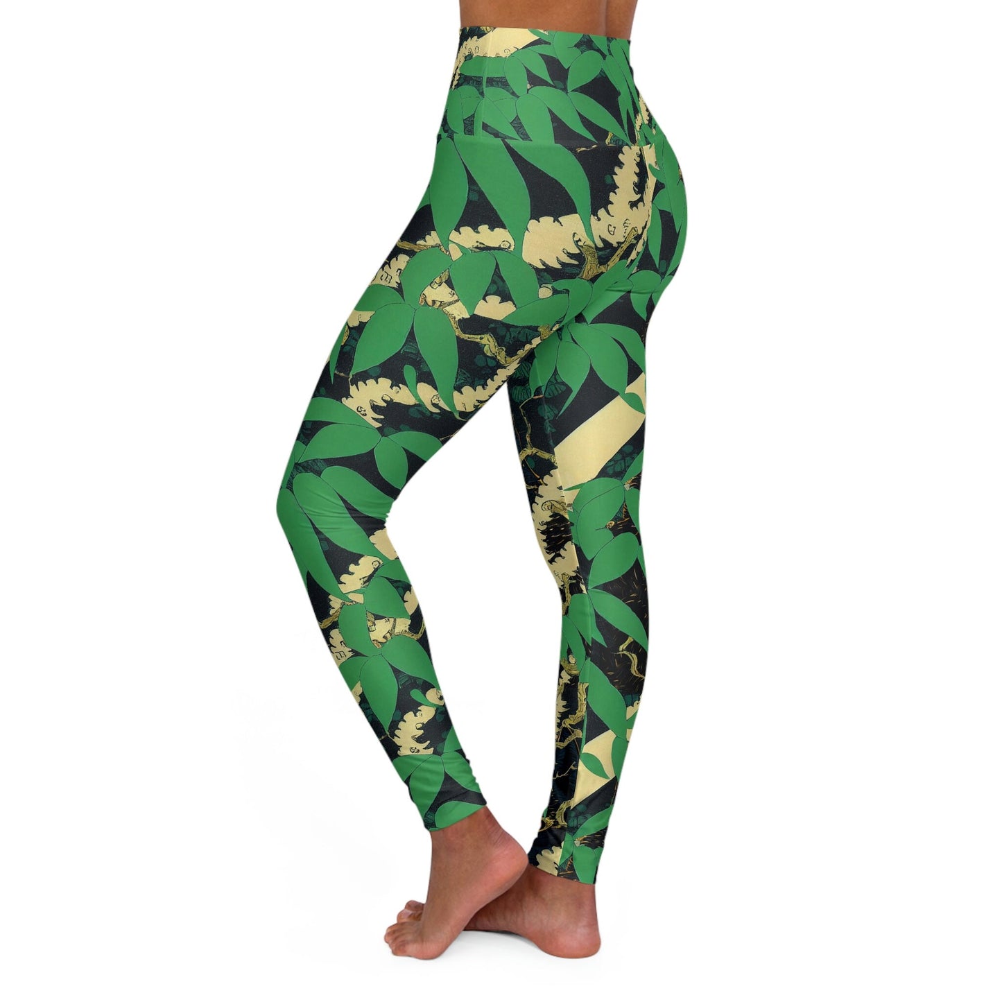 Black Wolf Jungle Leggings, High Waist Yoga Leggings, Plus Size Green Leggings, Workout Leggings, Fitness Leggings