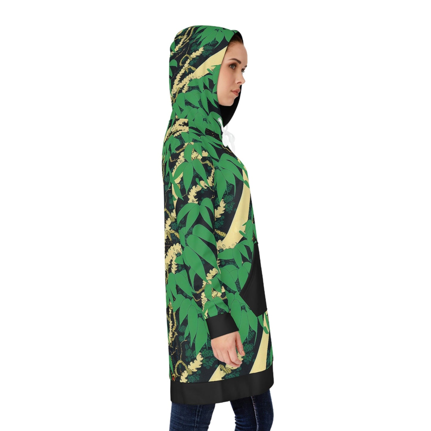 Black Wolf Hoodie Dress, Botanical Green Hoodie Dress, Aesthetic Womens Hoodie With Pocket, Plus Size Winter Clothing