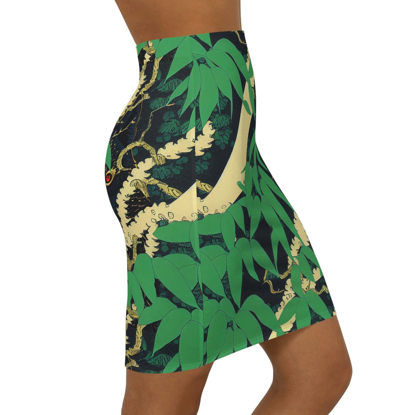 Black Wolf Skirt, High Waisted Pencil Skirt, Short Summer Skirt, Handmade Green Mini Skirt, Skirts for Women