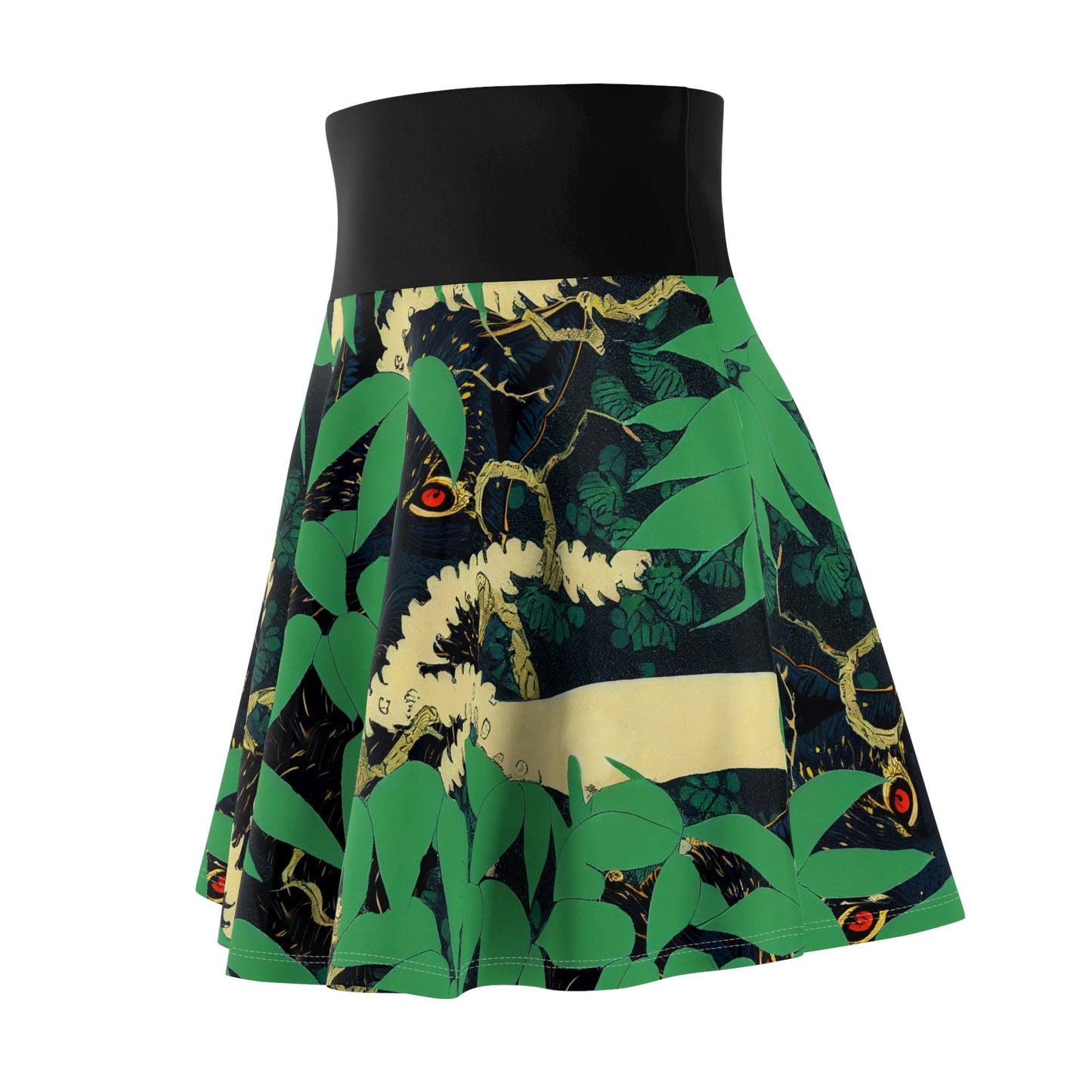 Black Wolf Skater Skirt, Handmade Green Skirt, Jungle Print Spandex Skirt, High Waist Skirt, Luxury Tree Maxi Skirt