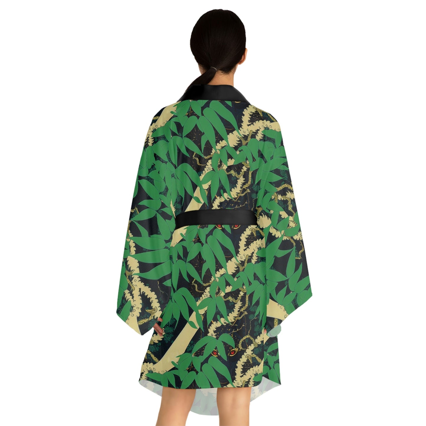 Black Wolf Jungle Long Sleeve Kimono Robe, Botanical Clothing Boho Kimono Robe, Japanese Kimono Robe for Women, Traditional Clothing
