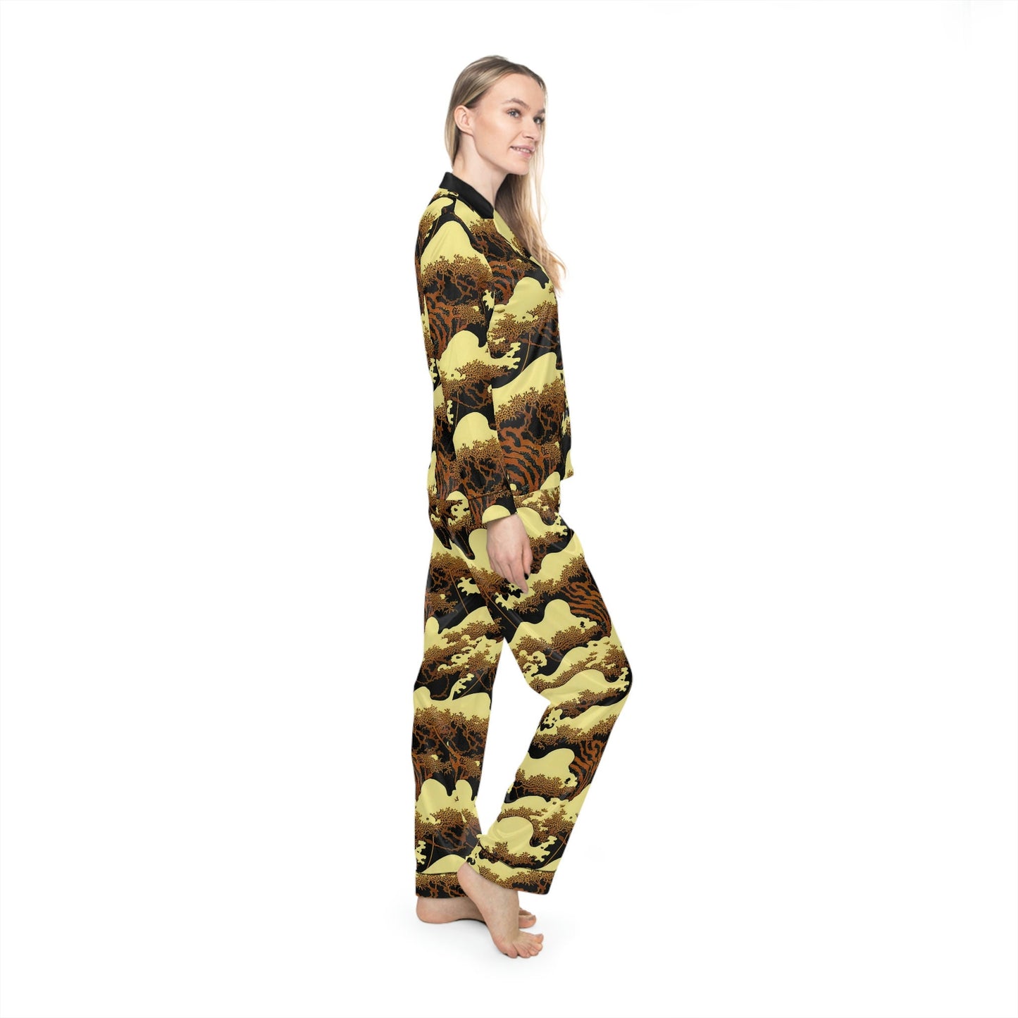 Gold Forest Vulture Pajamas Set Women, Nature Clothing Satin Pajamas, Bird Pajamas, Pjs for Women Clothing Set, Night Wear