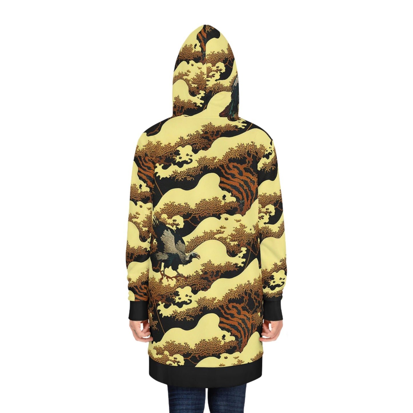 Gold Forest Hoodie Dress, Vulture Print Womens Hoodie Dress, Oversized Tree Hoodie, Plus Size Dress Hoodie With Pocket