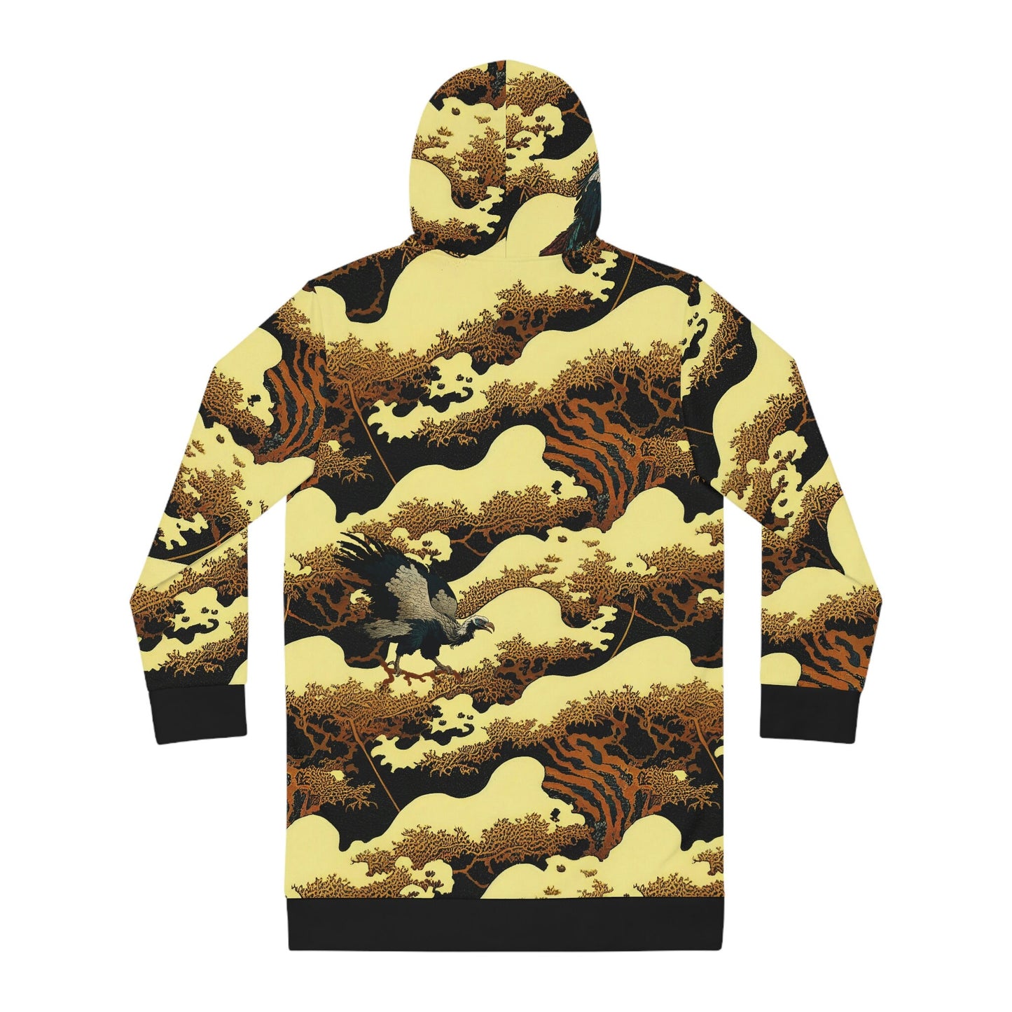 Gold Forest Hoodie Dress, Vulture Print Womens Hoodie Dress, Oversized Tree Hoodie, Plus Size Dress Hoodie With Pocket