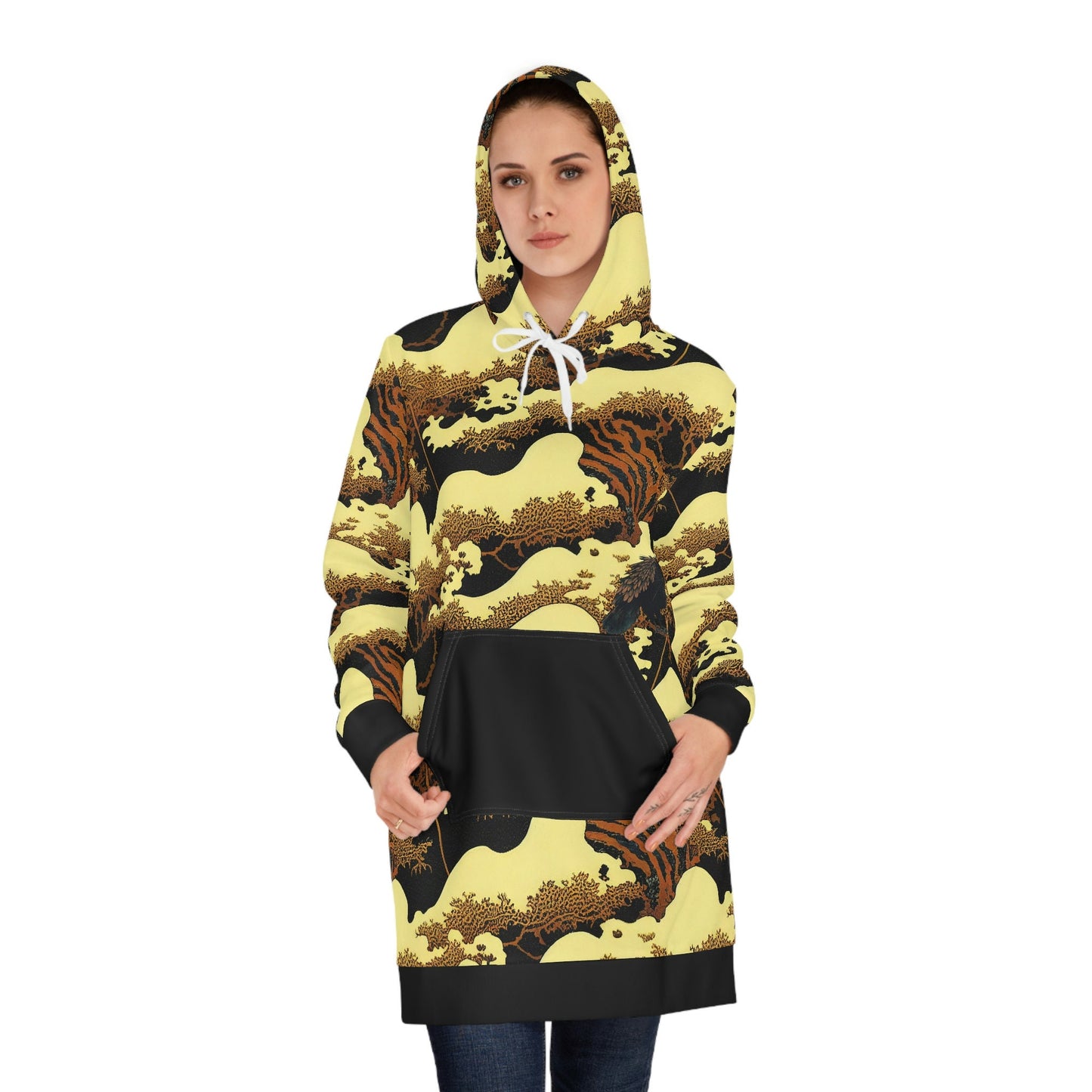 Gold Forest Hoodie Dress, Vulture Print Womens Hoodie Dress, Oversized Tree Hoodie, Plus Size Dress Hoodie With Pocket