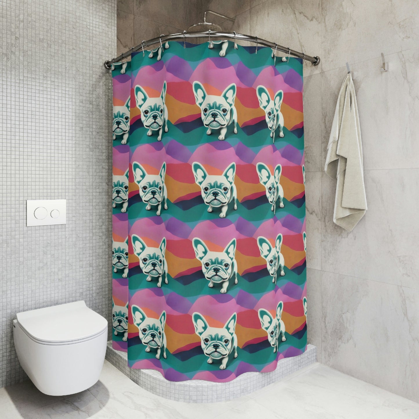 French Bulldog Shower Curtain, Dog Pattern Bathtub Curtain, Frenchie Design Curtain, Pastel Colors Curtains, Dog Printed Curtains