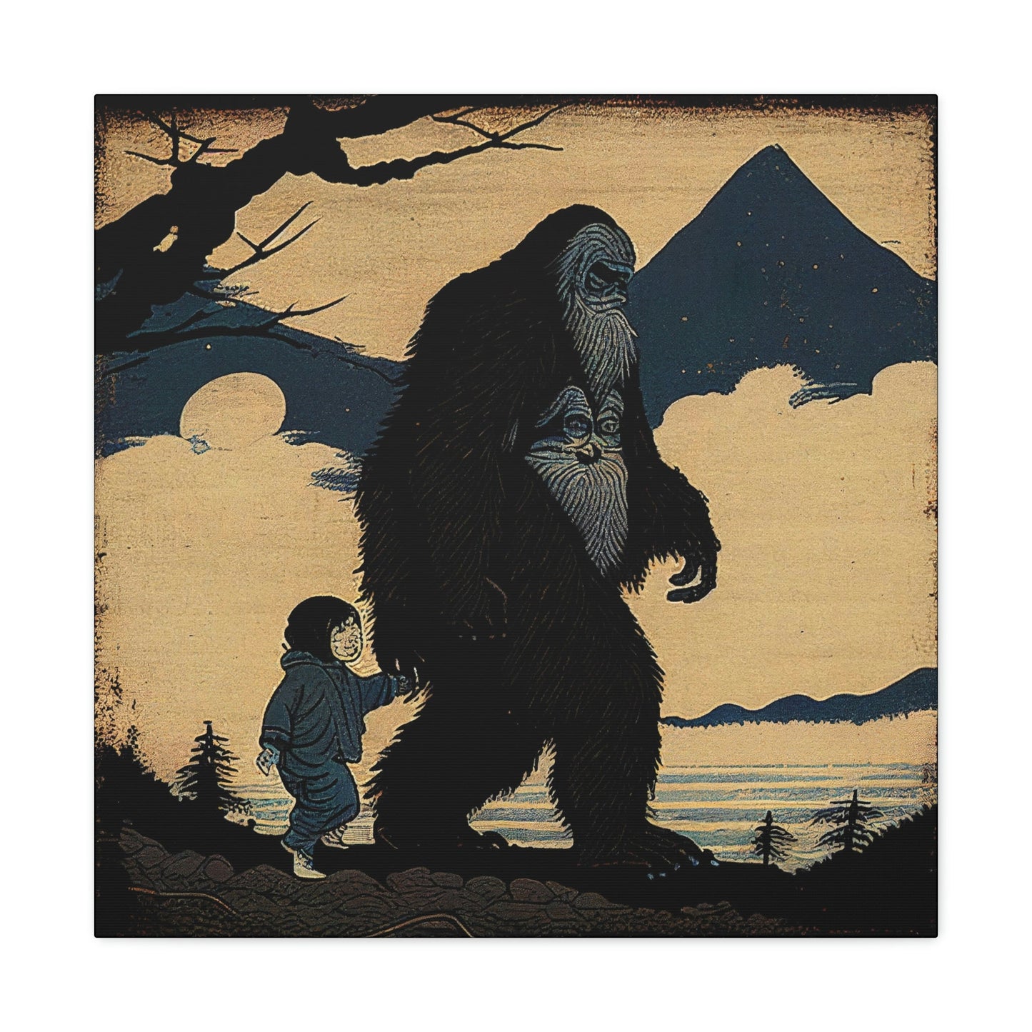 Sasquatch with Human Child Canvas Print, Bigfoot Sasquatch Canvas Wall Art, Wildlife Wall Decoration, Painting on Canvas