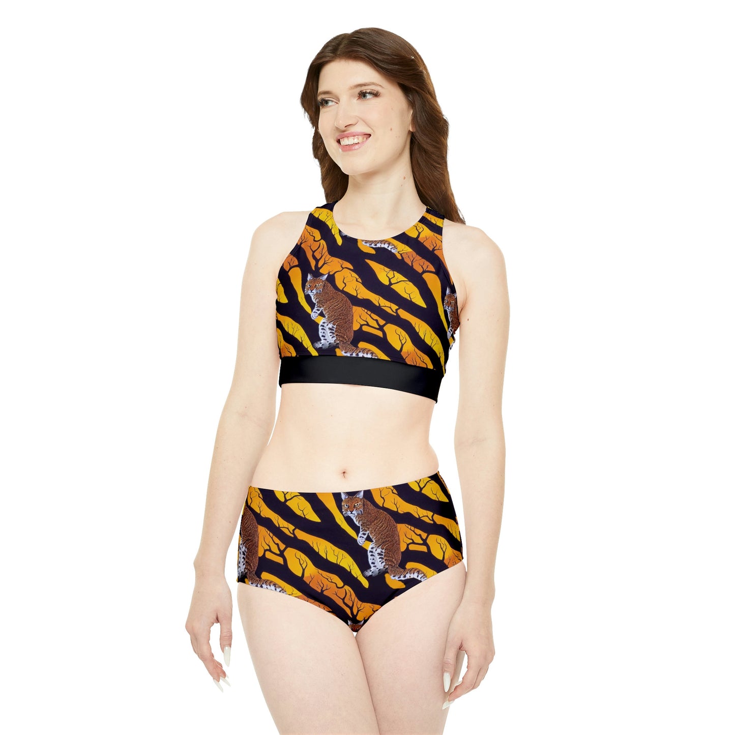 Cat Print High Waisted Bikini Set, Bobcat in a Spooky Forest Plus Size Bikini, Girls Sporty Bikini, Gift For Women