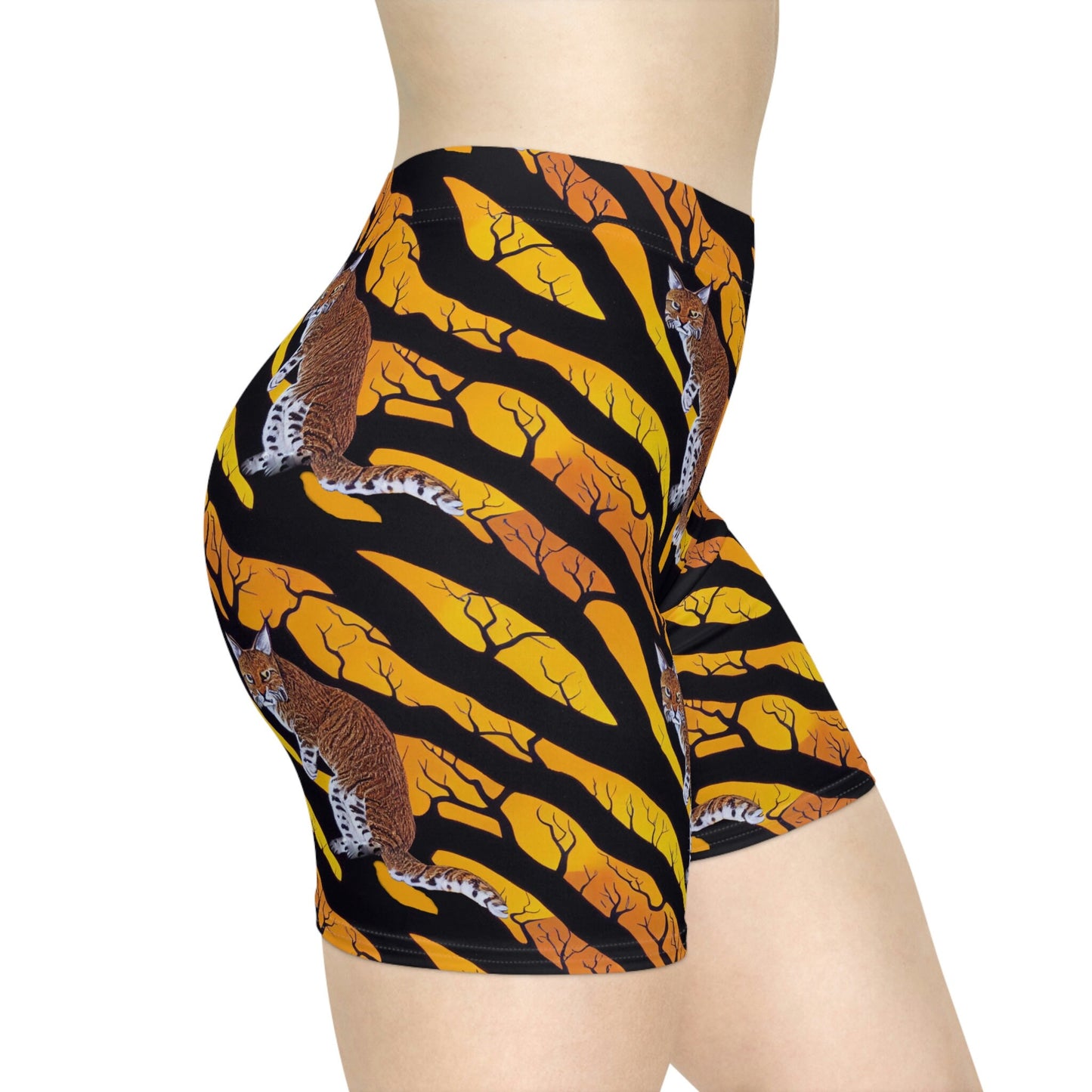 Bobcat in Spooky Forest Women Biker Shorts, Animal Clothing Graphic Shorts, Nature Clothing Gym Shorts, Sexy Booty Shorts