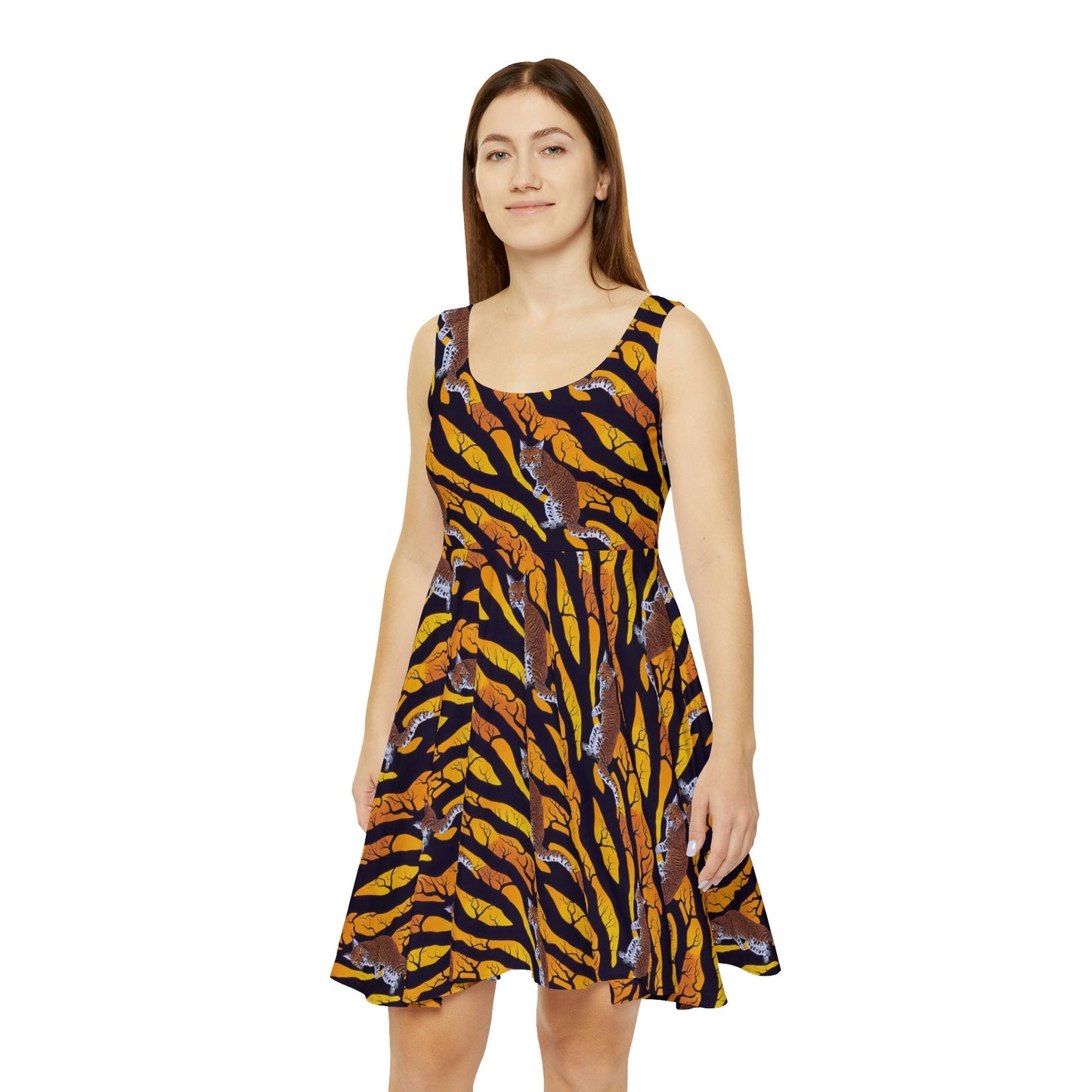Bobcat Skater Dress, Cat Pattern Sleeveless Dress, Spooky Skater Dress for Women, Handmade Cat Tank Dress