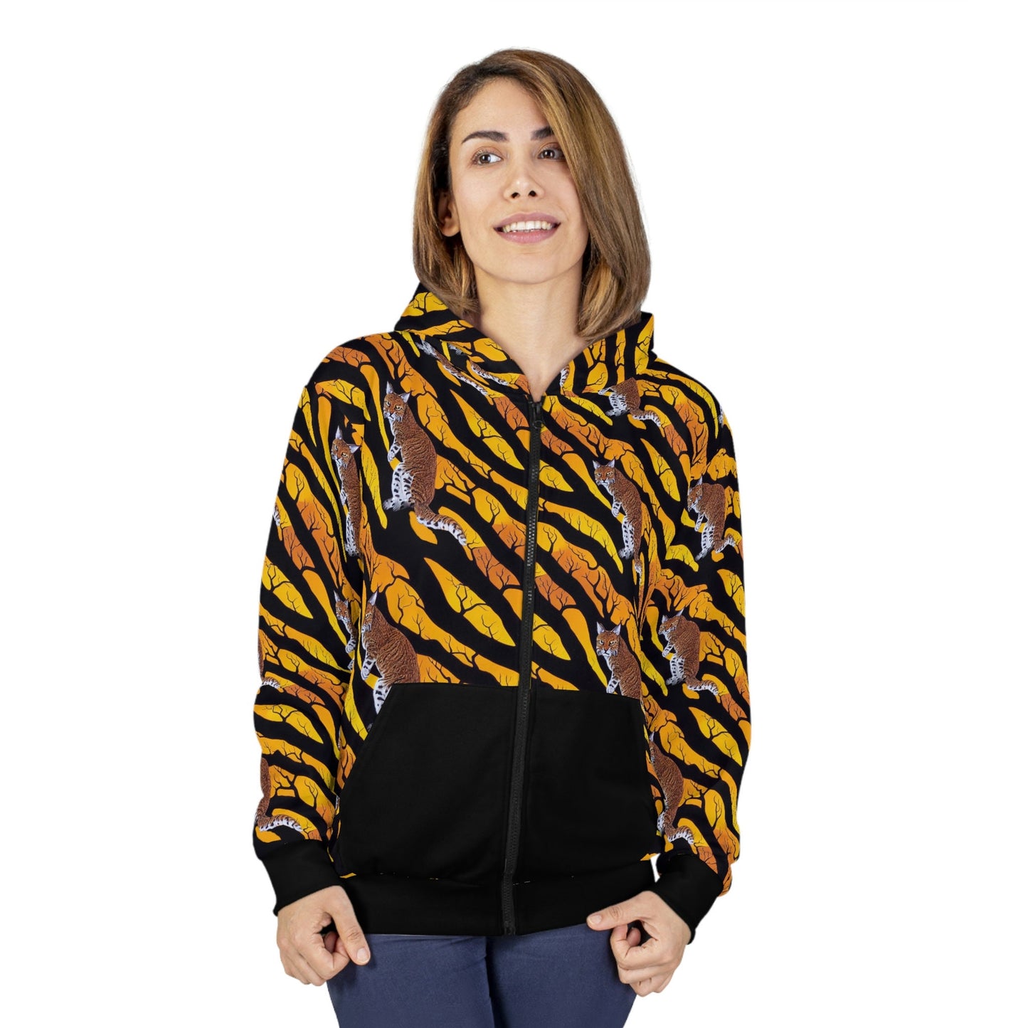 Yellow Forest Hoodie, Bobcat in Spooky Forest Zip Up Hoodie, Aesthetic Cute Cat Hoodie, Tree Hoodie With Pocket, Cat Lover Gift