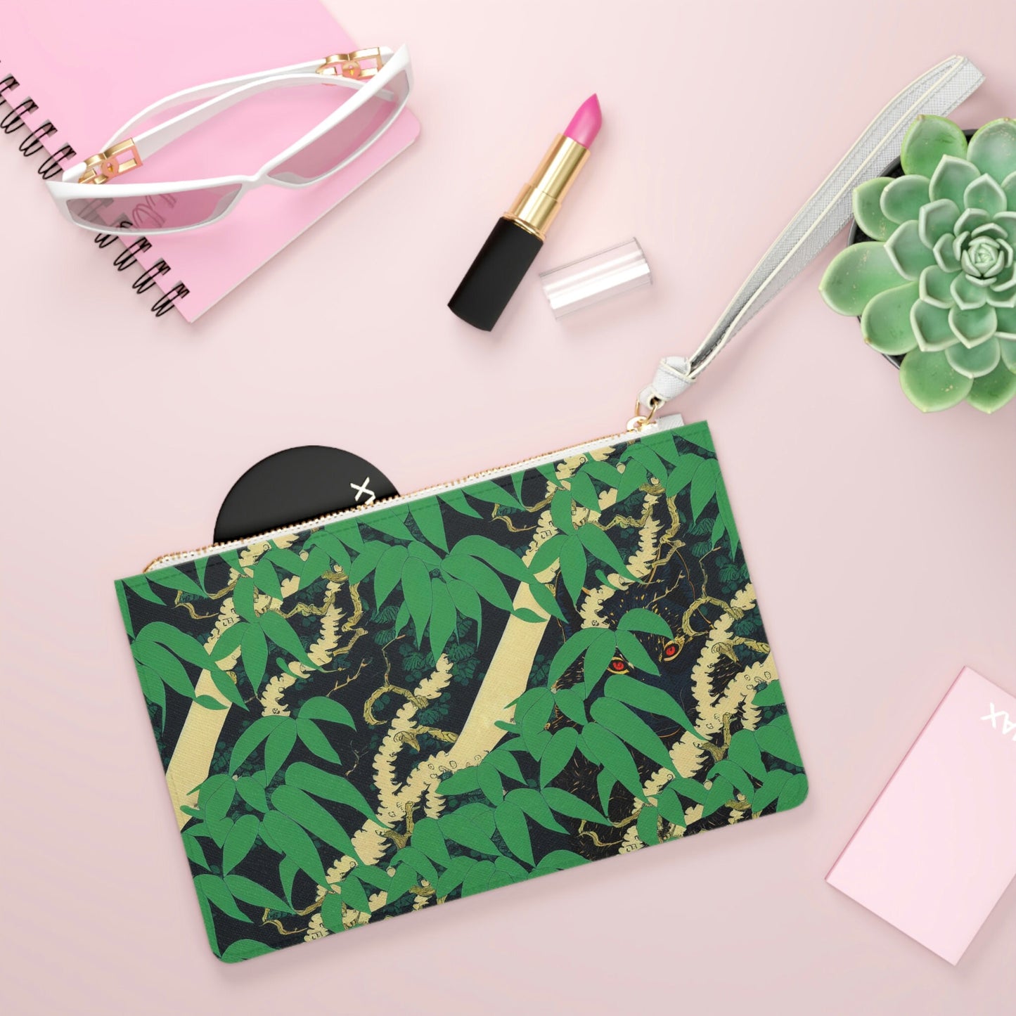 Black Wolf Purse, Jungle Print Clutch Bag, Vegan Leather Bag For Women, Bridesmaid Small Purse, Make Up Green Purse