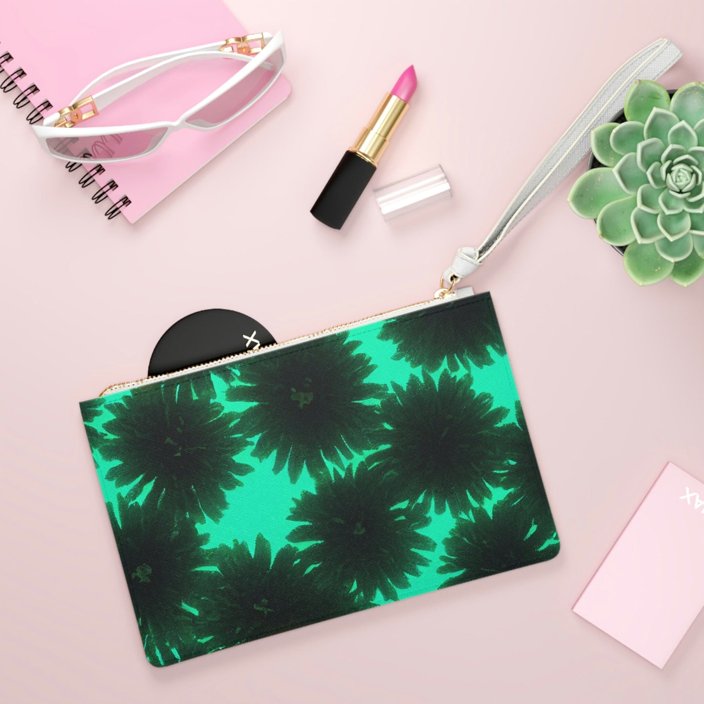 Floral Clutch Bag, Flowers Aqua Green Clutch Bag, Make Up Clutch Bag For Women, Bridal Party Bags, Vegan Leather Bag