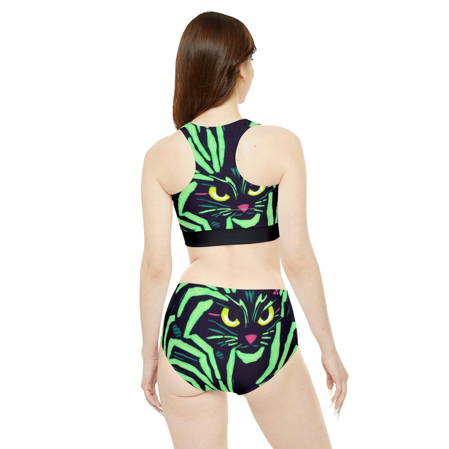 Yellow Eyed Cat Print Sporty Bikini Set, High Waisted Sexy Bikini Set, Green Womens Bikini Set, Summer Bikini Gift For Women