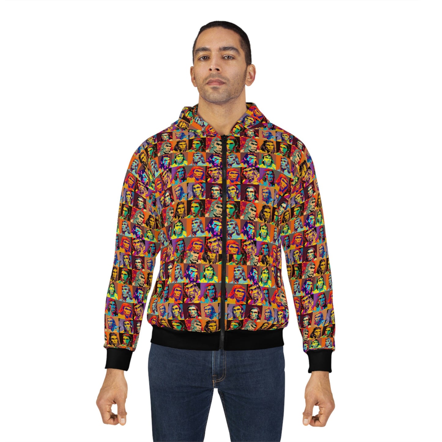 Neanderthal Portraits Pop Art Unisex Zip Hoodie, Retro Art Printed Hoodie, Aesthetic Pop Art Hoodie, Winter Fashion Zip Hoodie