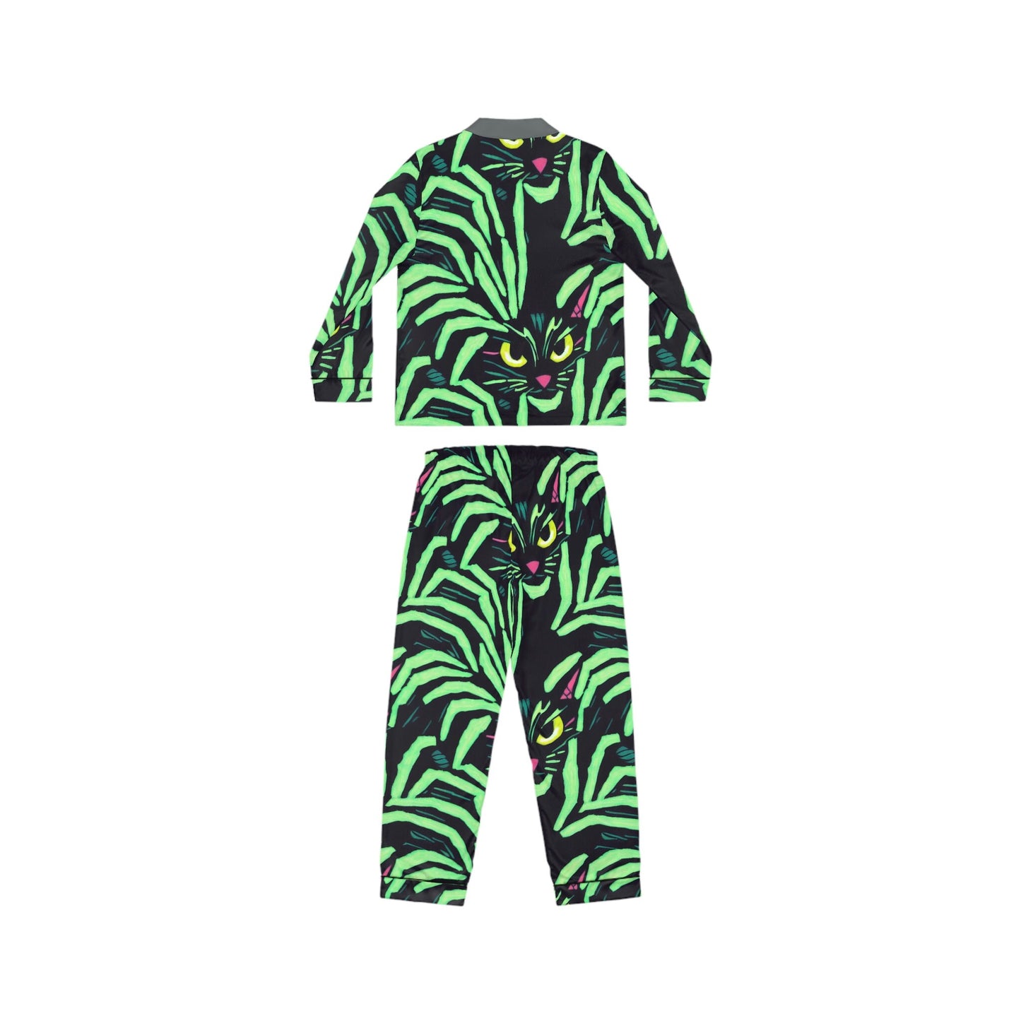 Yellow Eyed Cat Pajamas Set Women, Green Pattern Satin Pajamas, Cat Clothing Animal Pajamas, Pjs for Women Clothing Set, Night Wear