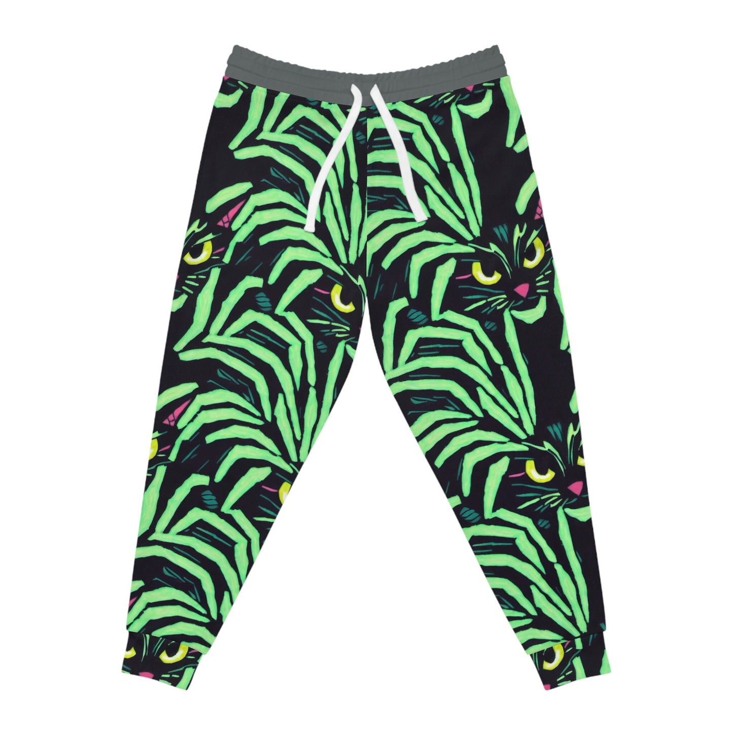 Yellow Eyed Cat Mens Joggers, Spooky Cats Green Pattern High Waisted Joggers, Animal Clothing Mens Yoga Pants, Streetwear Pants