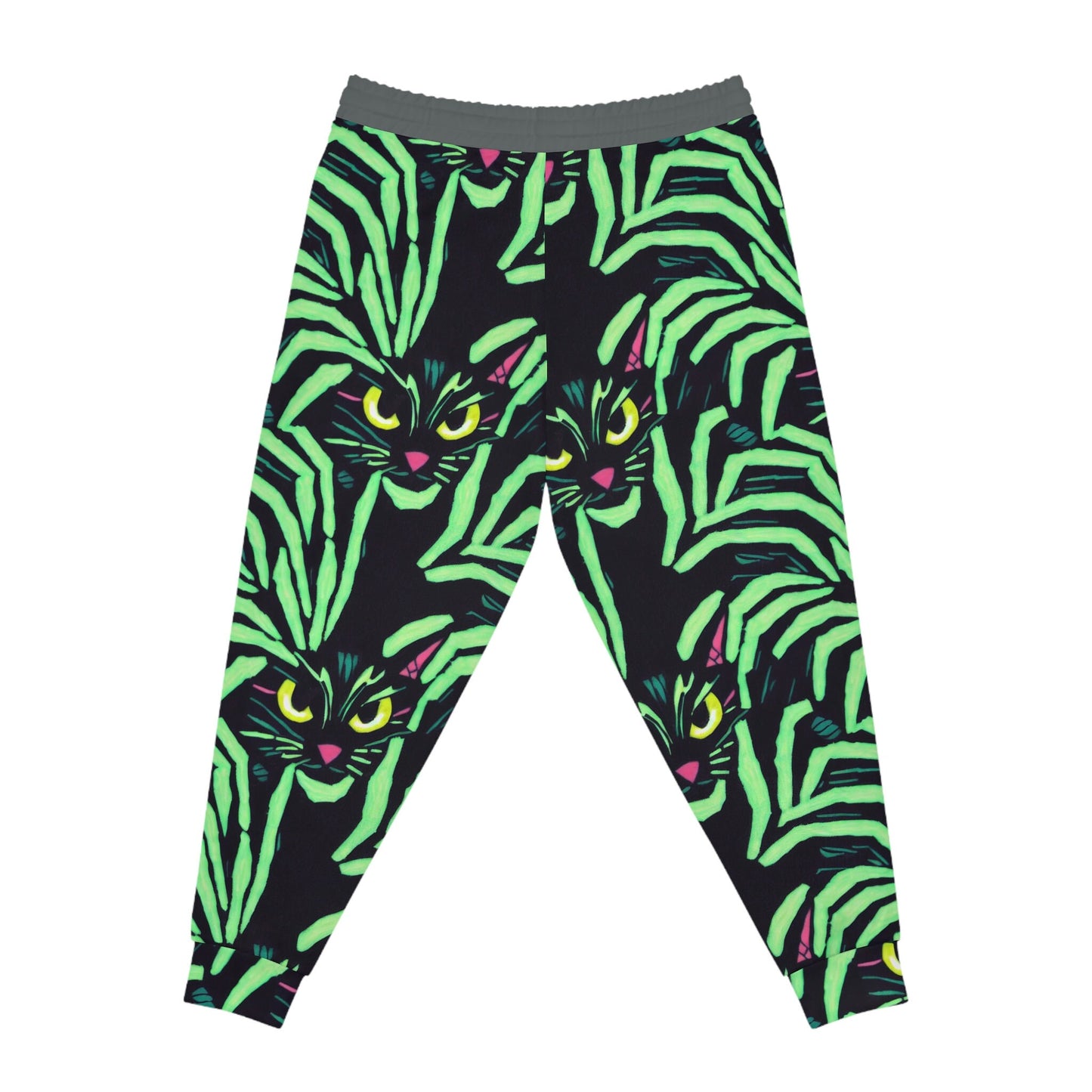 Yellow Eyed Cat Mens Joggers, Spooky Cats Green Pattern High Waisted Joggers, Animal Clothing Mens Yoga Pants, Streetwear Pants